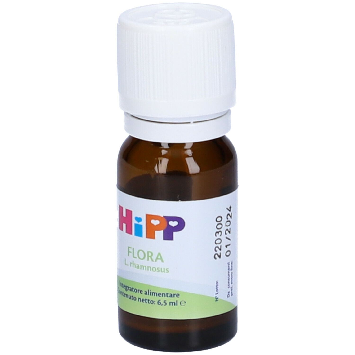 Flacone di vetro marrone con tappo bianco. Etichetta con logo HiPP e nome del prodotto Flora. Scadenza: 01/2024.
