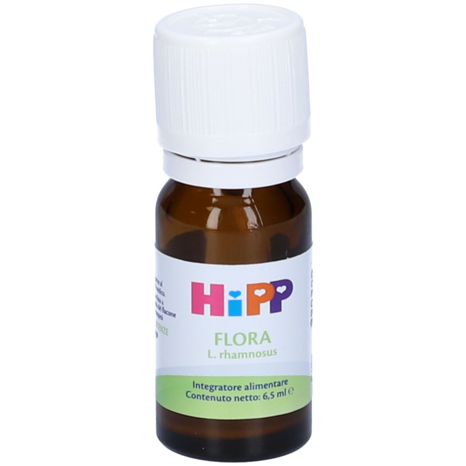 Flacone di vetro marrone con tappo bianco. Etichetta con logo HiPP e nome del prodotto Flora. Contenuto: 6,5 ml.