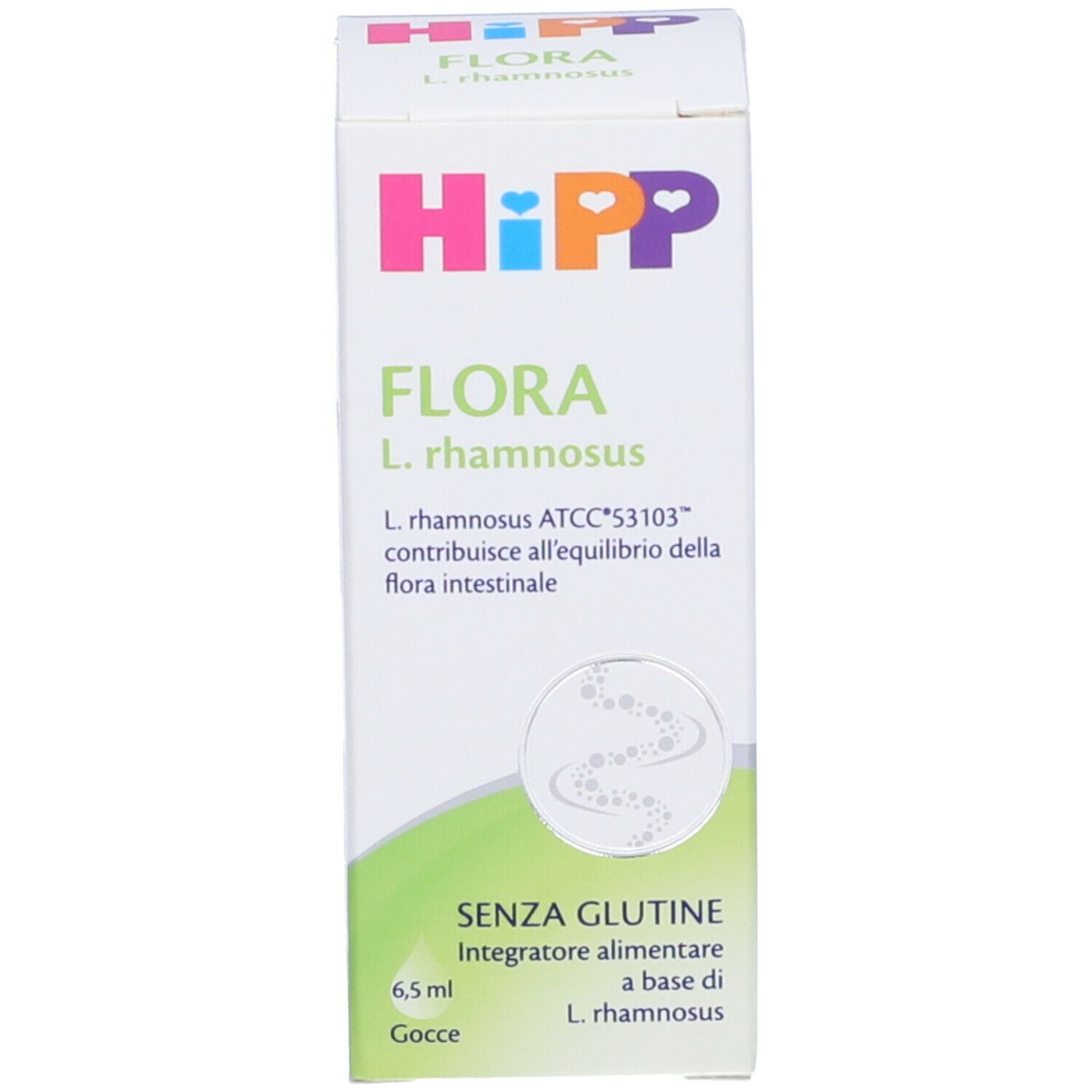 Confezione con logo HiPP e nome del prodotto Flora. Contiene un flacone da 6,5 ml. Testo: Senza glutine.