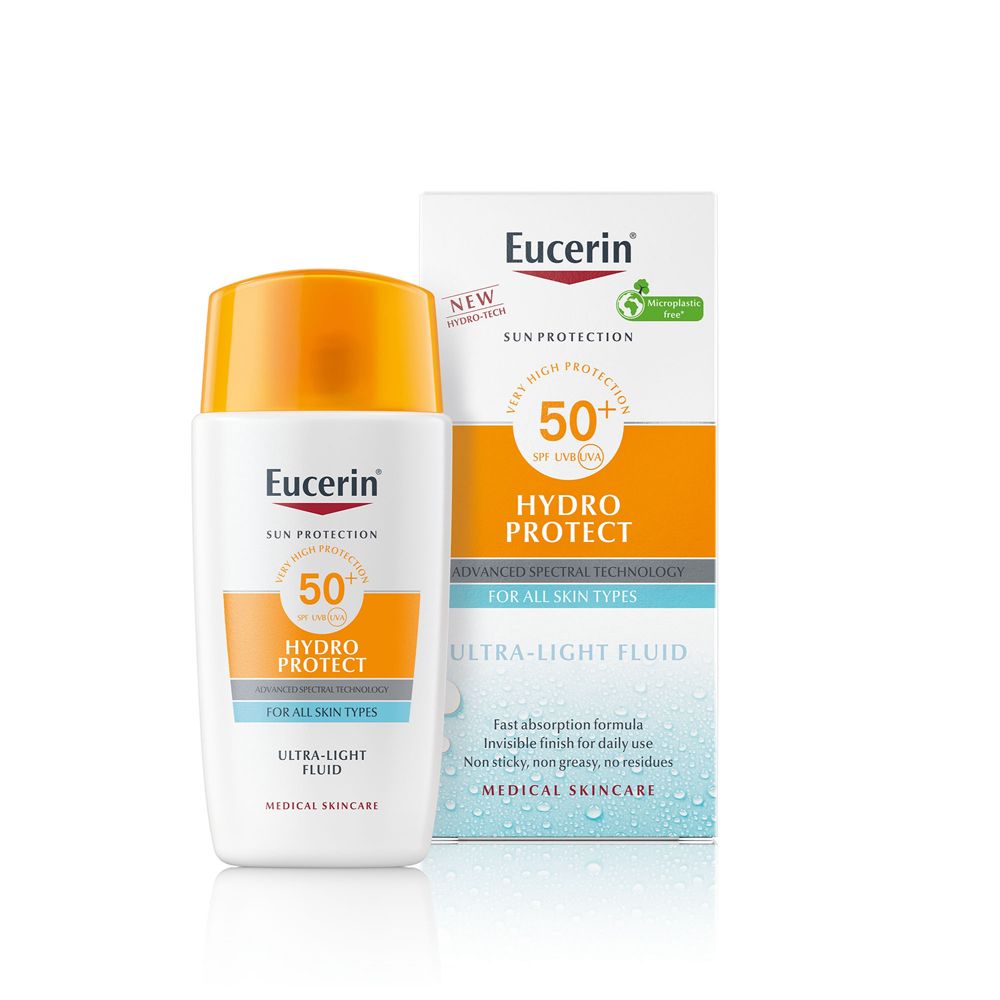 Eucerin Sun Face Hydro Protect Fluido SPF 50+ e confezione. Flacone bianco, tappo arancione.