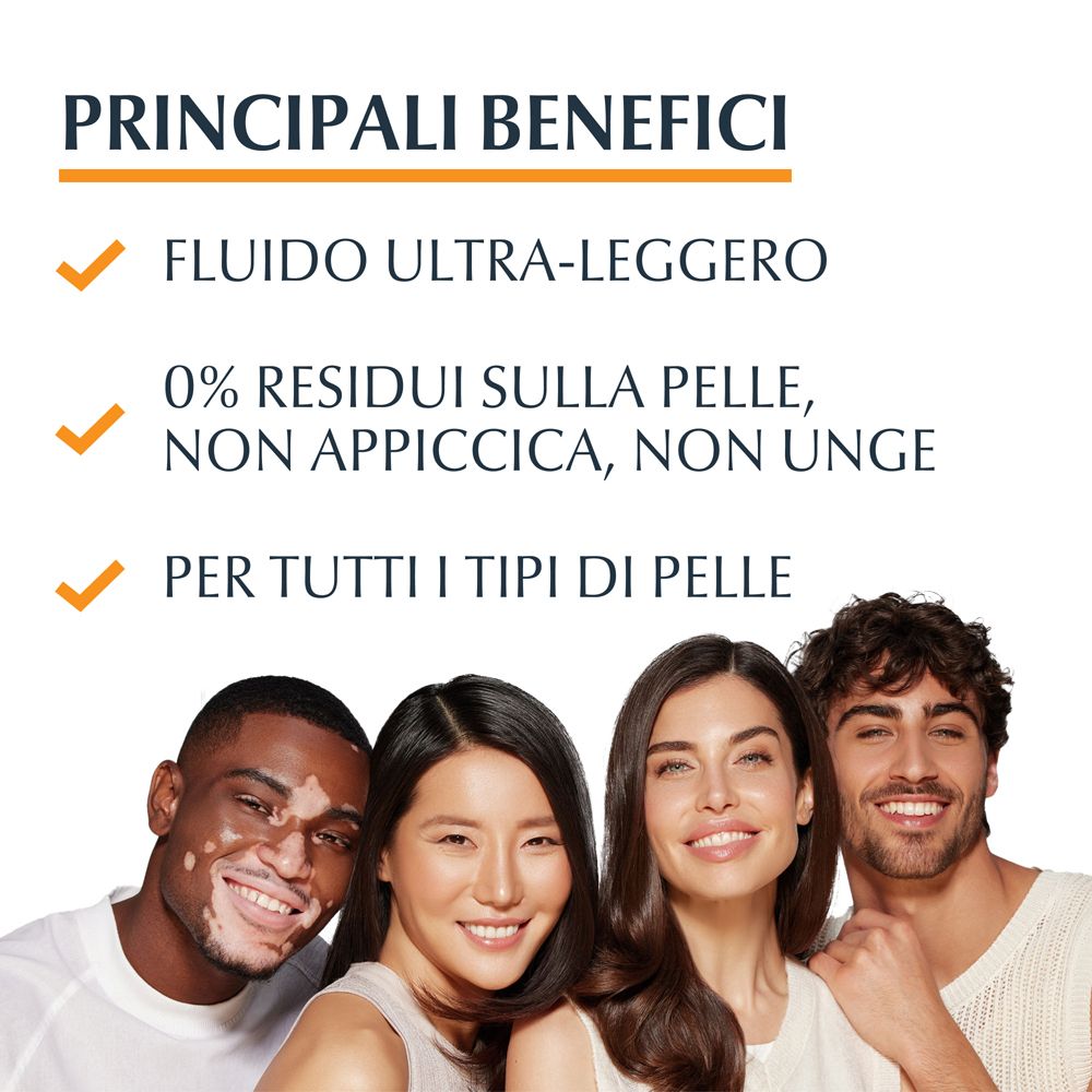 Quattro persone con diverse tonalità di pelle. Testo: principali benefici, fluido ultra-leggero, 0% residui, tutti i tipi di pelle.