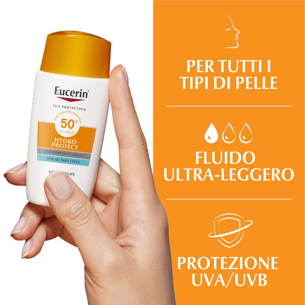 Mano che tiene Eucerin Sun Face Hydro Protect Fluido. Testo: per tutti i tipi di pelle, fluido ultra-leggero, protezione UVA/UVB.