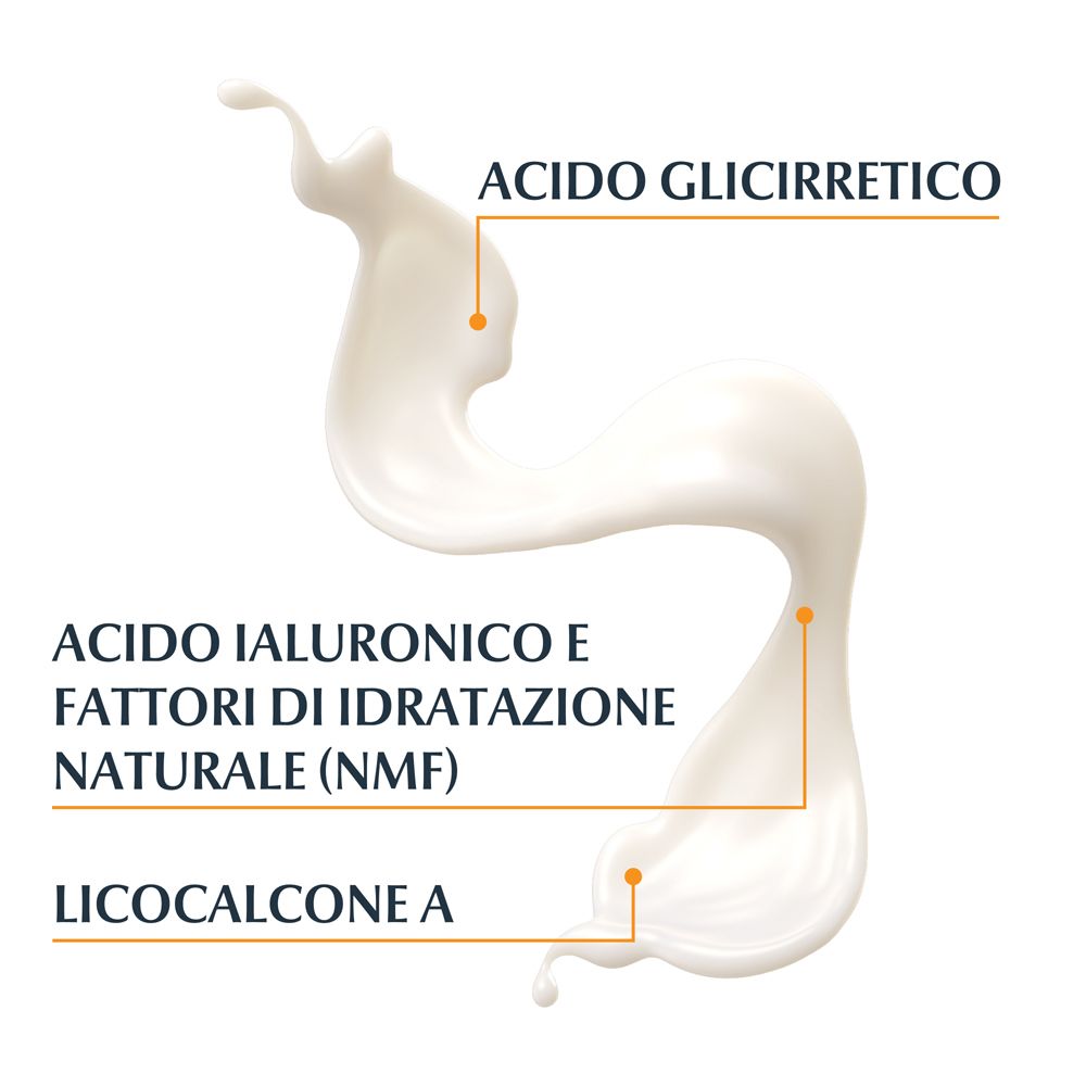 Illustrazione di un'esplosione di liquido. Testo: acido ialuronico, acido glicirretico, licocalcone A.