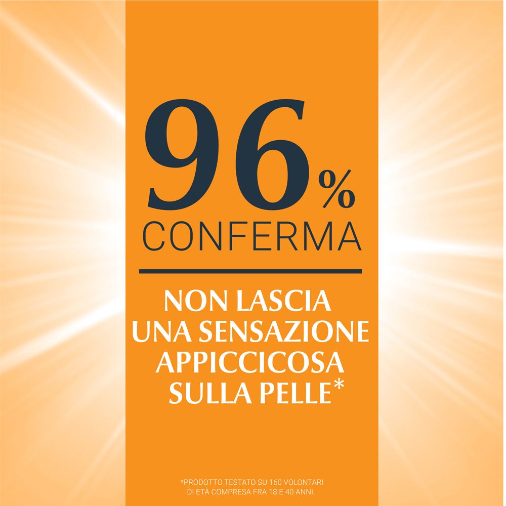 Sfondo arancione. Testo: il 96% conferma, non lascia una sensazione appiccicosa sulla pelle.