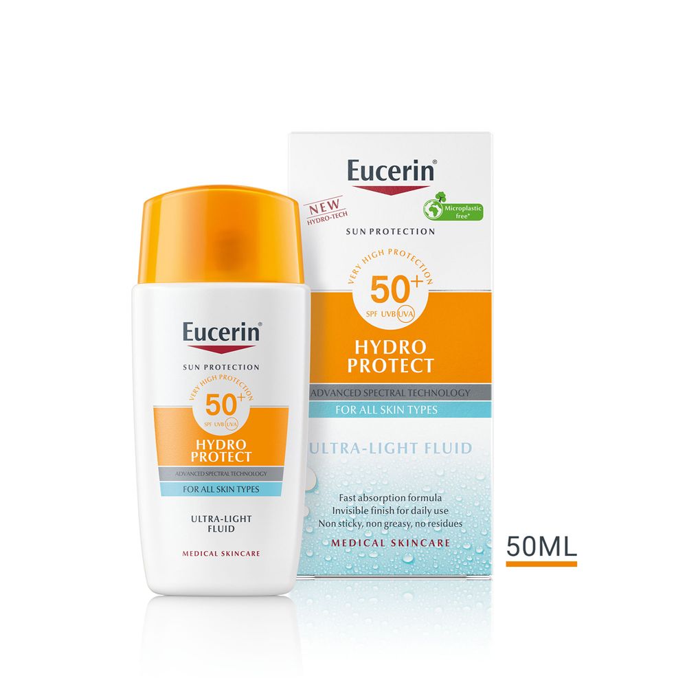 Eucerin Sun Face Hydro Protect Fluido SPF 50+ e confezione. Flacone con 50ml.