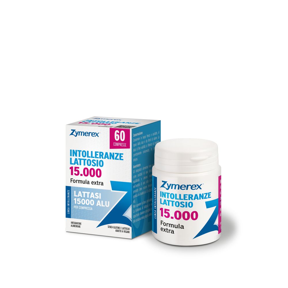 Zymerex Tabletten gegen Laktoseintoleranz, Dose und Schachtel. Aufschrift: Laktoseintoleranz 15.000, 60 Tabletten.