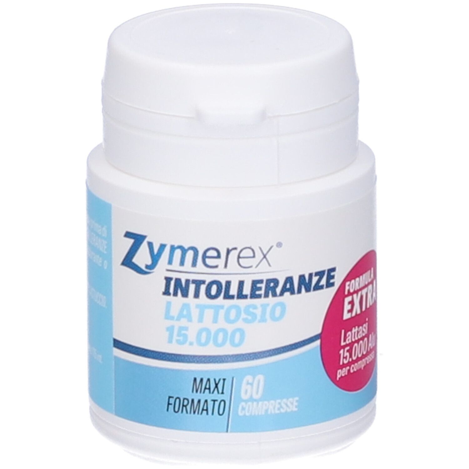 Zymerex Tabletten gegen Laktoseintoleranz. Weiße Flasche mit blauem Etikett. Aufschrift: Laktoseintoleranz 15.000, 60 Tabletten.