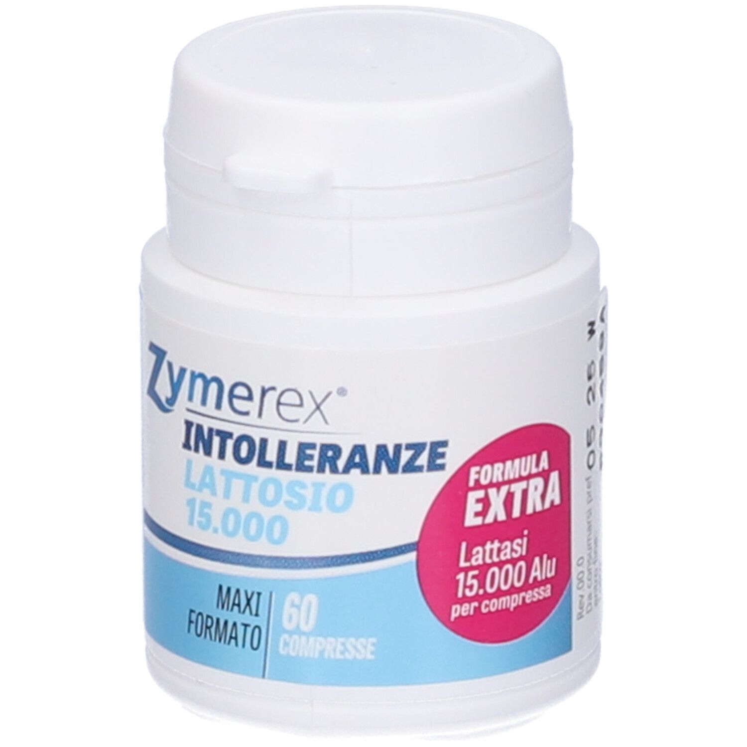 Zymerex Tablettenflasche. Weiß mit blauem Etikett. Aufschrift: Laktoseintoleranz 15.000, 60 Tabletten. Formel Extra.