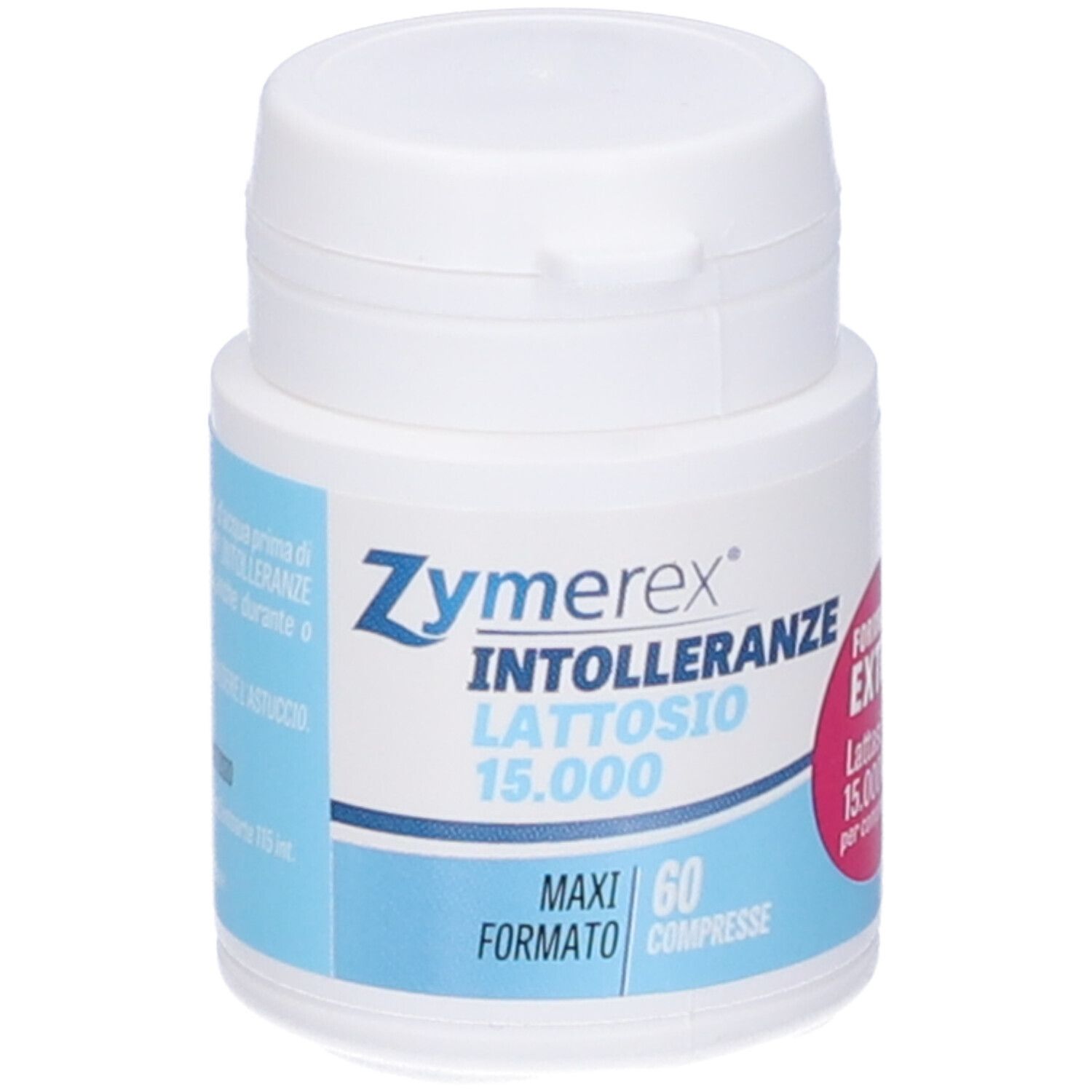 Zymerex Tablettenflasche. Weiß mit blauem Etikett. Aufschrift: Laktoseintoleranz 15.000, 60 Tabletten. Formel Extra.