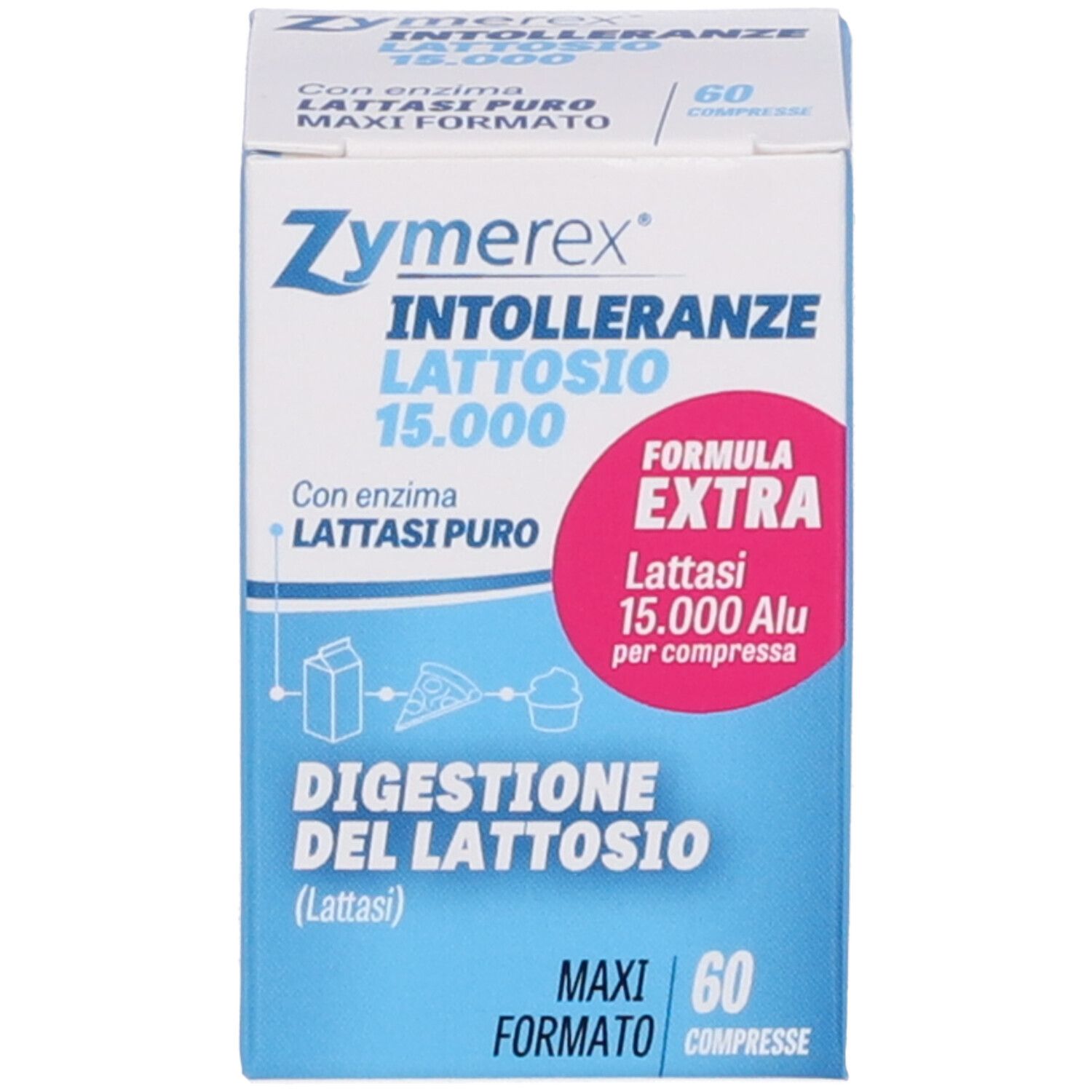 Zymerex Tablettenschachtel. Aufschrift: Laktoseintoleranz 15.000, 60 Tabletten. Formel Extra. Mit reinem Laktase-Enzym. Verdauung von Laktose.