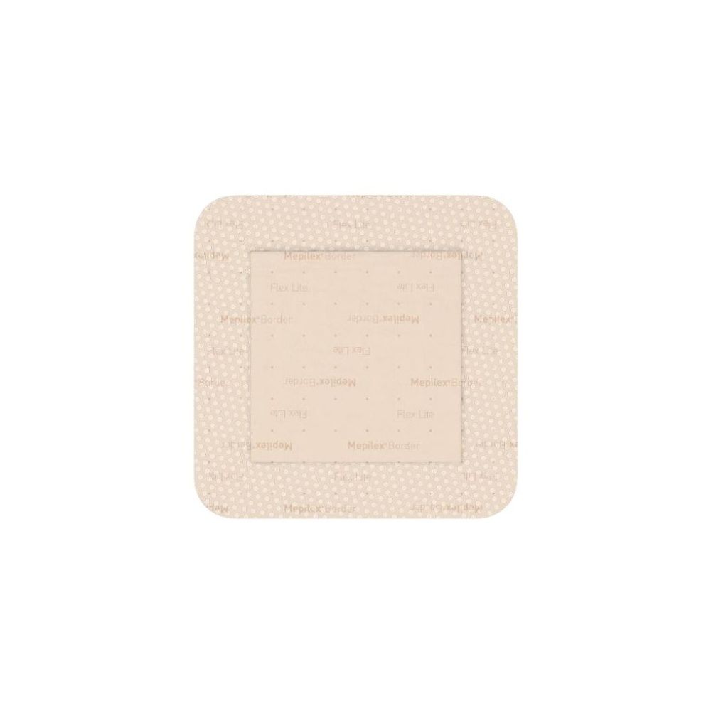 Medicazione quadrata beige con angoli arrotondati. Area rettangolare interna. Testo sulla superficie.
