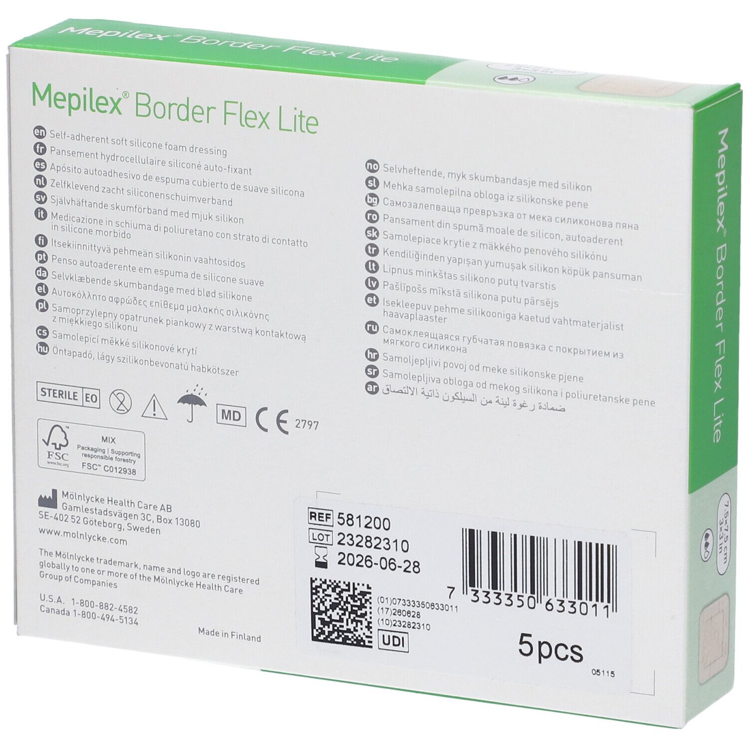 Rückseite der Verpackung von Mepilex Border Flex Lite. Mehrsprachige Produktinformationen. Enthält 5 Stück. CE-Kennzeichnung.