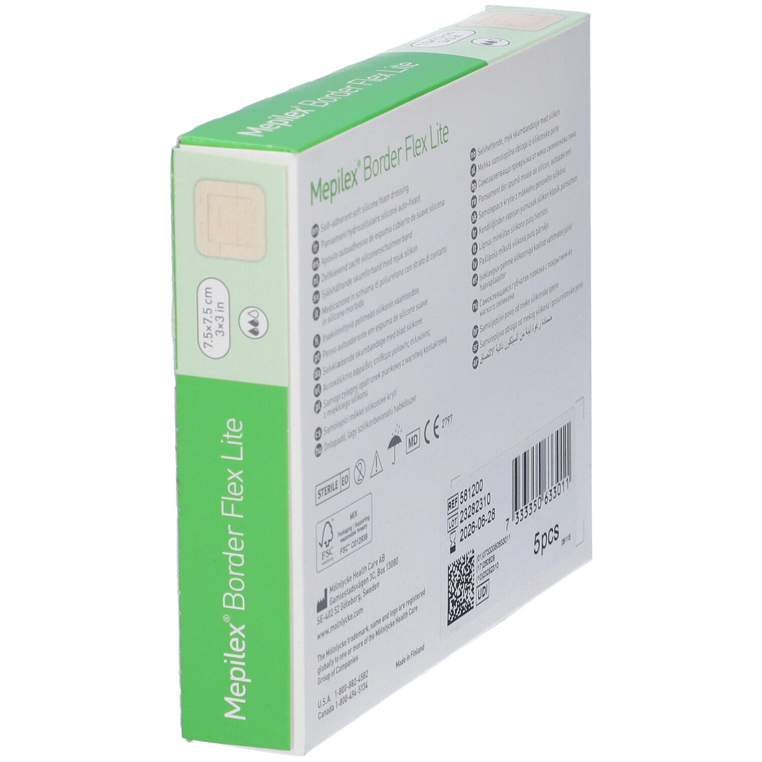 Verpackung von Mepilex Border Flex Lite, Seitenansicht. Produktname und Marke deutlich sichtbar. Enthält 5 Stück.