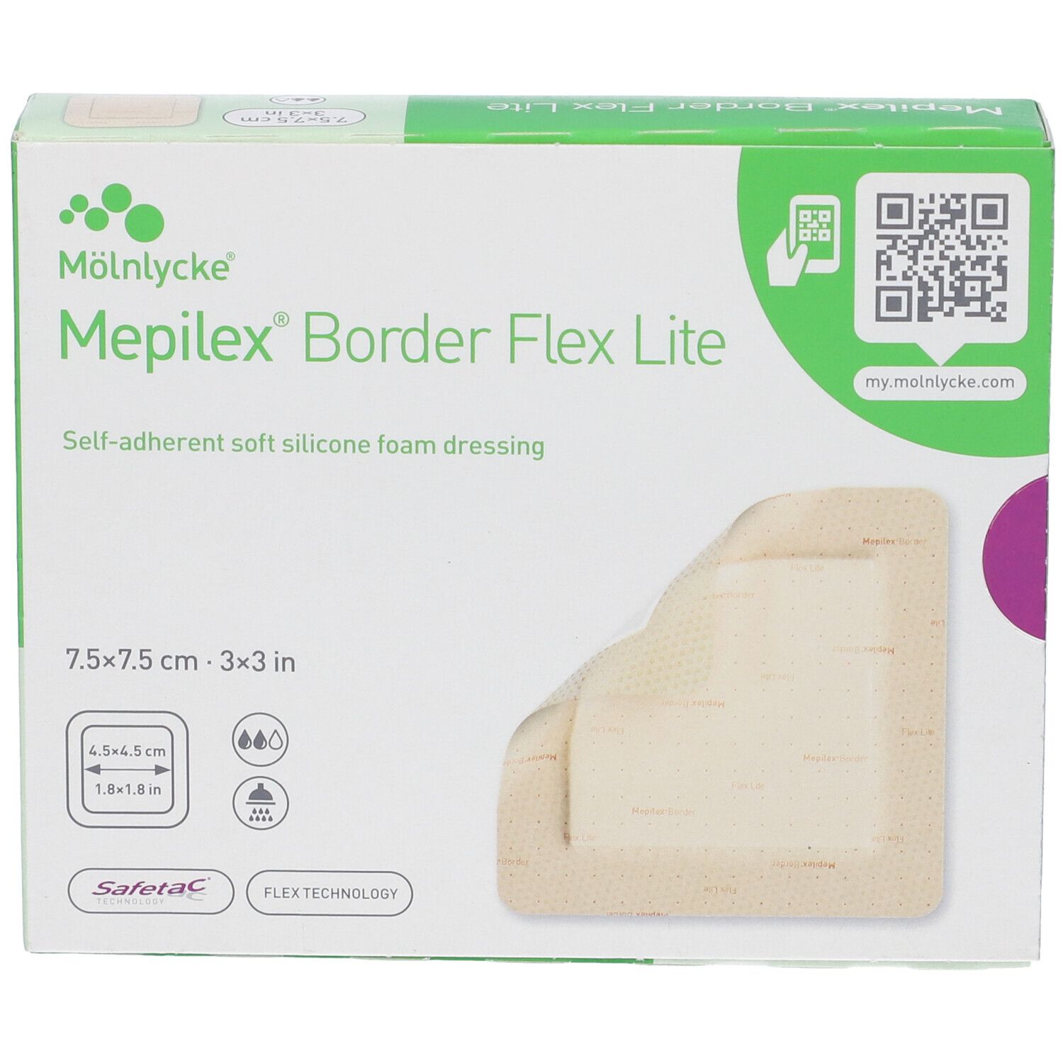 Verpackung von Mepilex Border Flex Lite. Zeigt ein Schaumverband, 7,5x7,5 cm. Enthält 5 Stück. Marke und Produktname deutlich sichtbar.