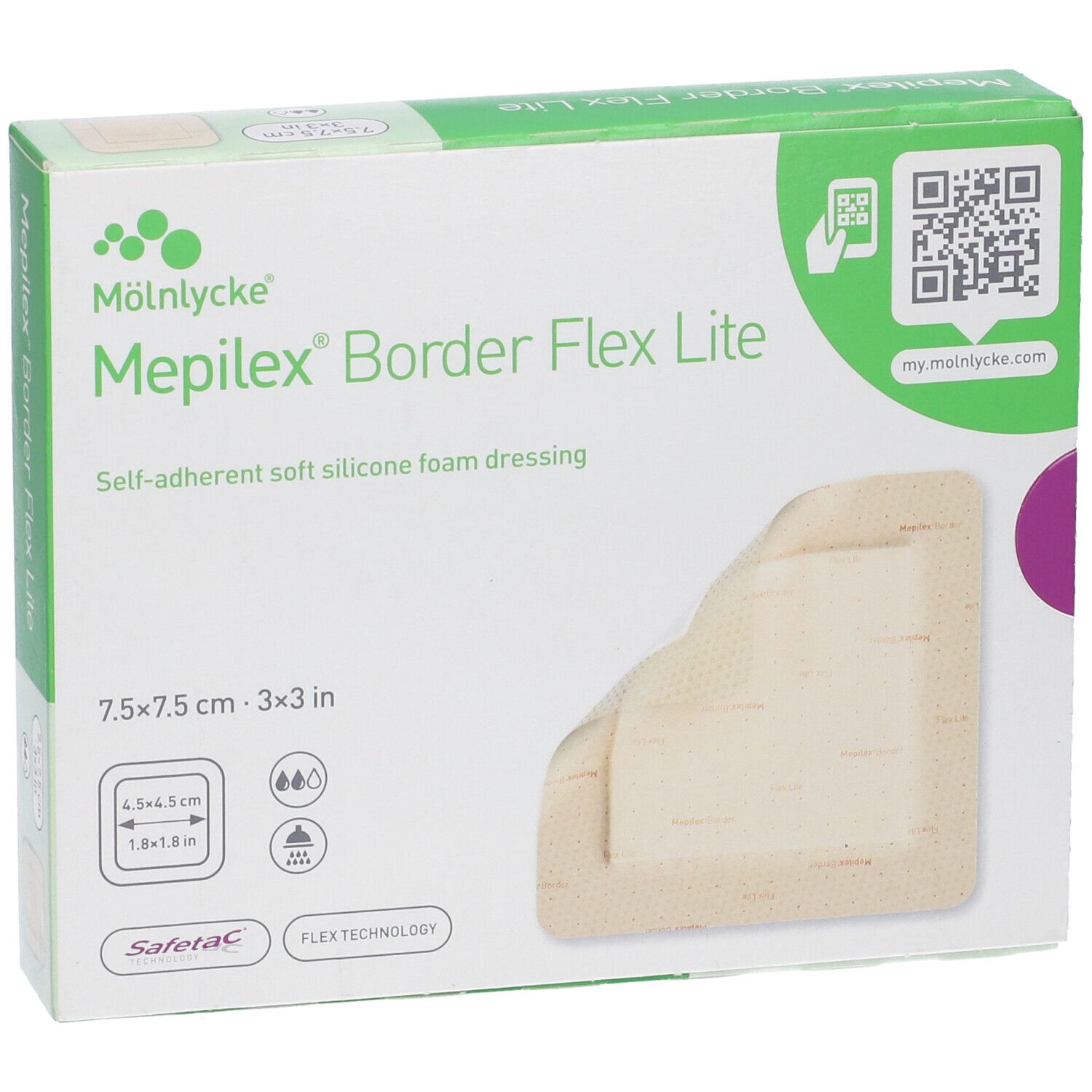 Verpackung von Mepilex Border Flex Lite. Zeigt ein Schaumverband, 7,5x7,5 cm. Enthält 5 Stück. Marke und Produktname deutlich sichtbar.