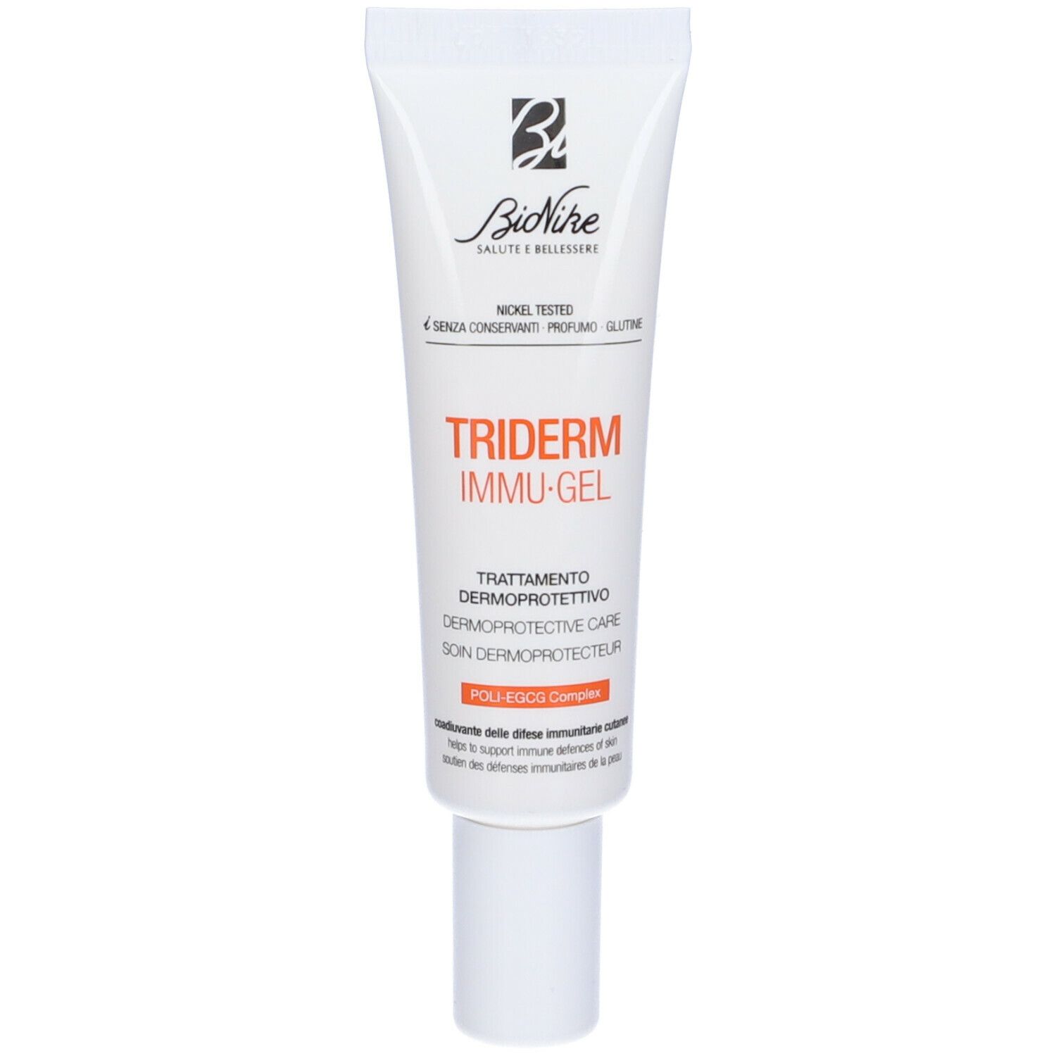 Tubo bianco con logo Bionike e TRIDERM Immu-Gel. Testo in italiano. Tappo in basso.