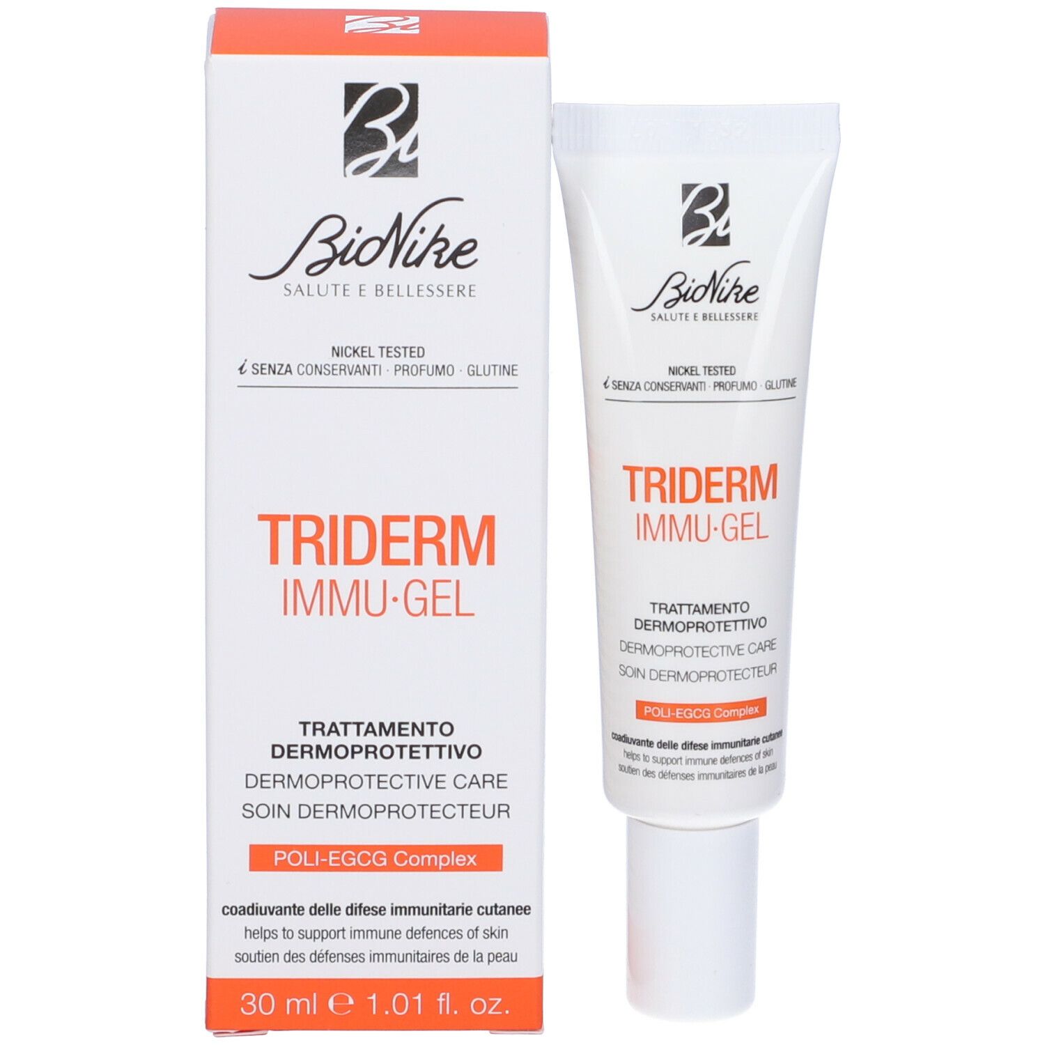 Tubo e confezione Bionike TRIDERM Immu-Gel. Bianco e arancione. Nome del prodotto e logo visibili.