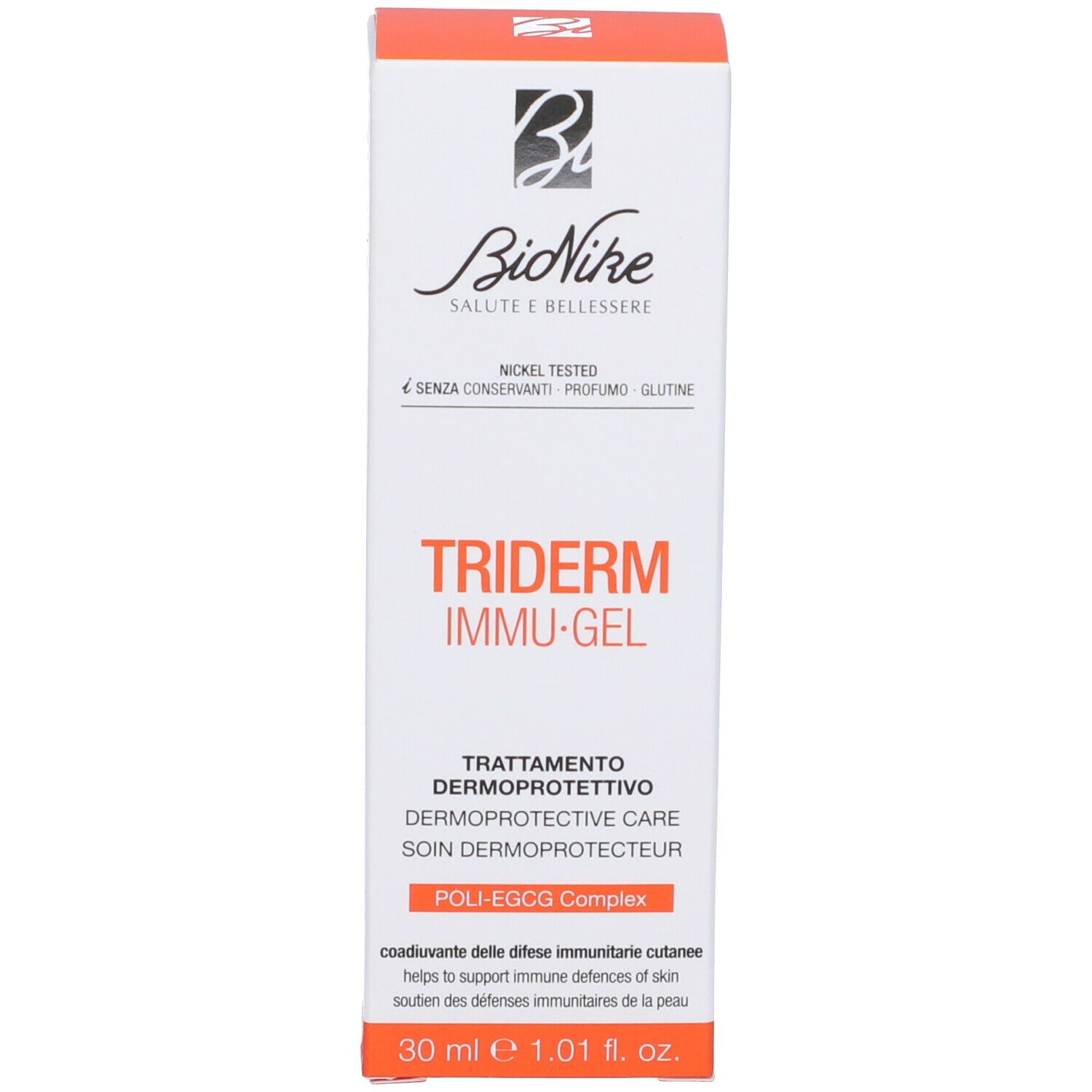 Confezione di Bionike TRIDERM Immu-Gel. Bianco e arancione. Nome del prodotto e logo visibili.
