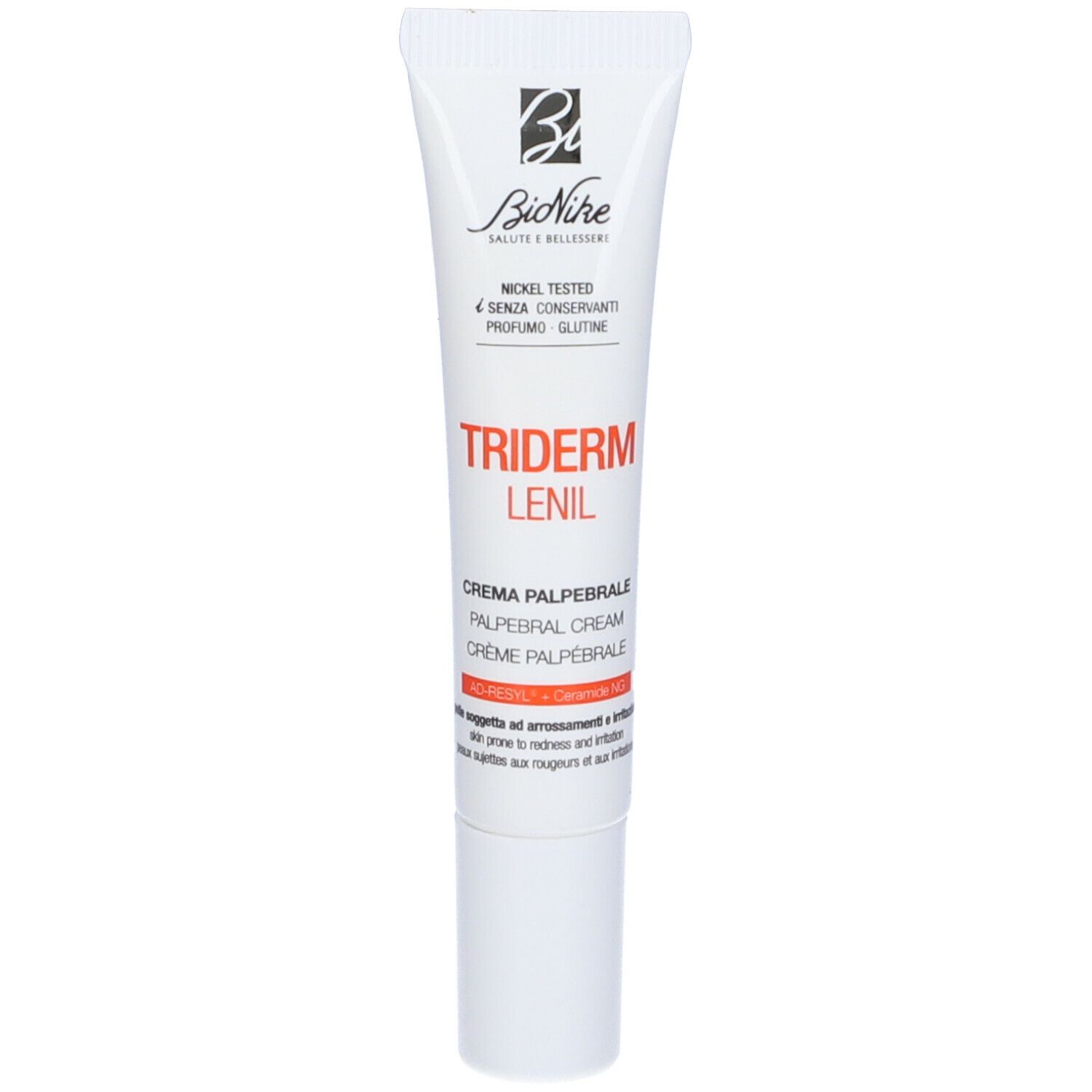 Tubo bianco con scritta TRIDERM LENIL CREMA PALPEBRALE. Marchio BioNike. Nickel Tested.