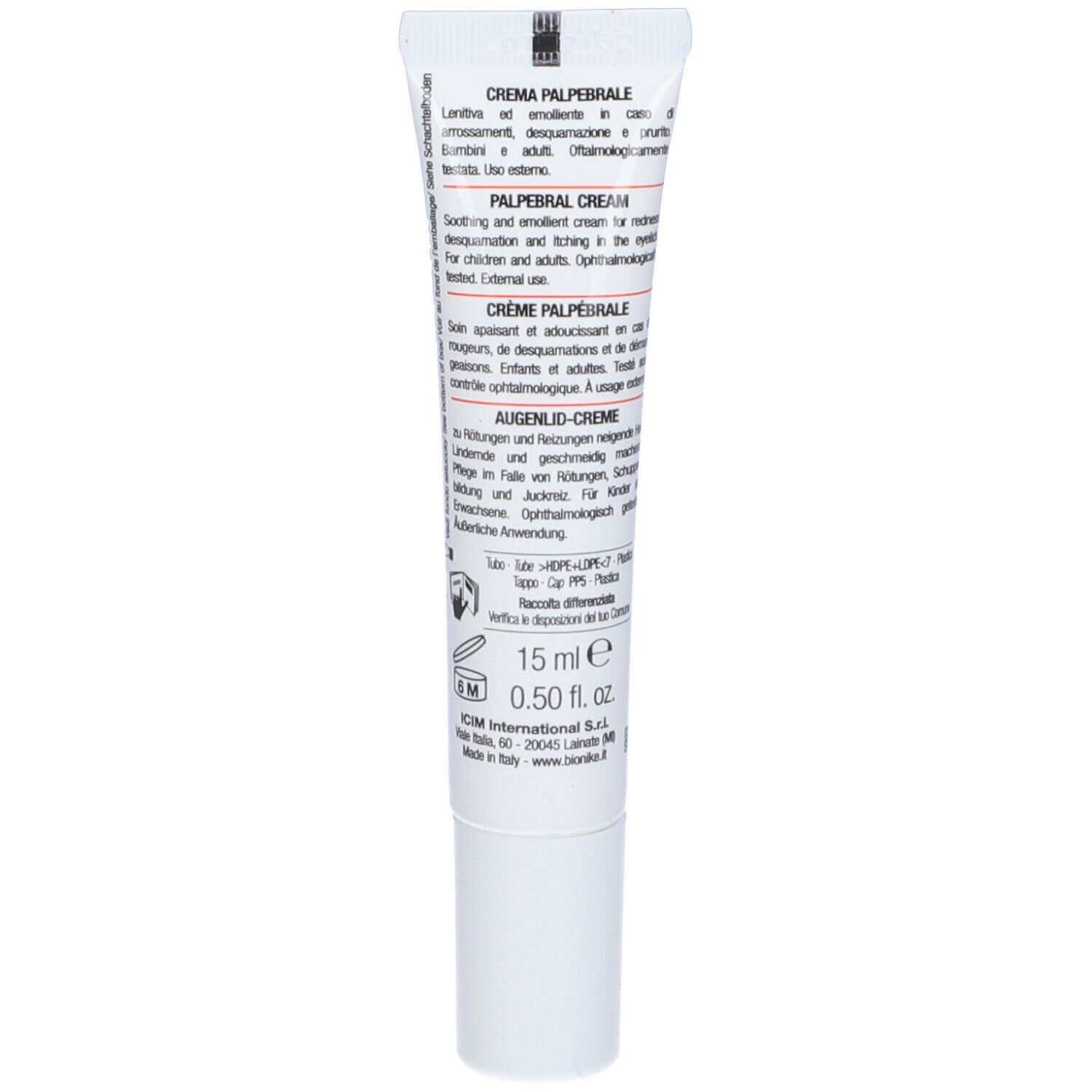 Retro del tubo bianco con testo. Scritta CREMA PALPEBRALE. Ingredienti e informazioni produttore.