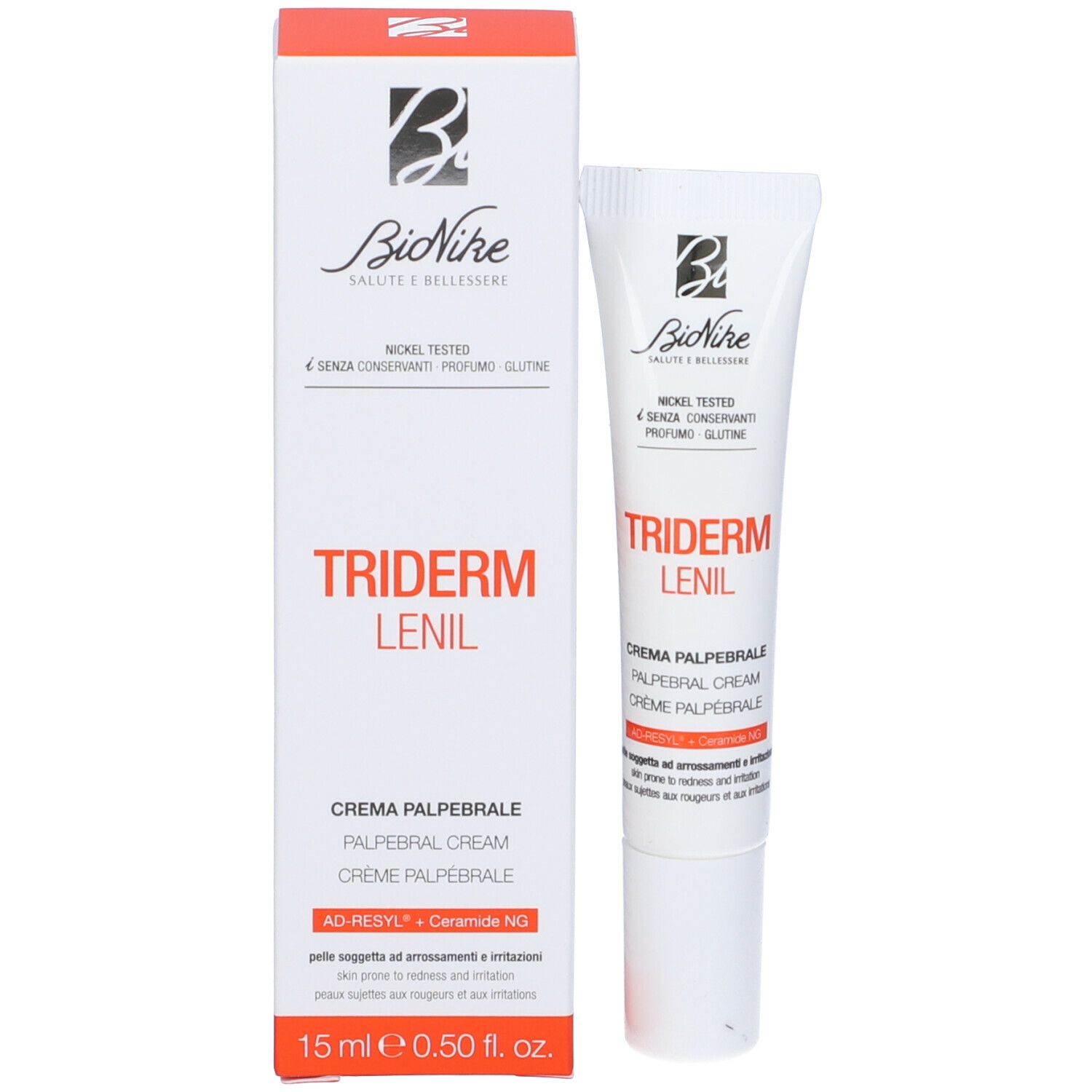 Confezione del prodotto con tubo. Scritta TRIDERM LENIL CREMA PALPEBRALE. Marchio BioNike. Nickel Tested.