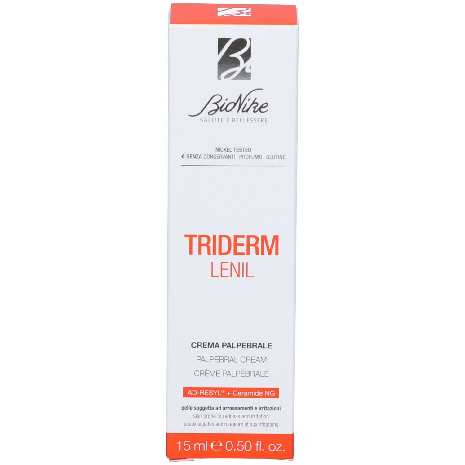 Confezione del prodotto. Scritta TRIDERM LENIL CREMA PALPEBRALE. Marchio BioNike. Nickel Tested.