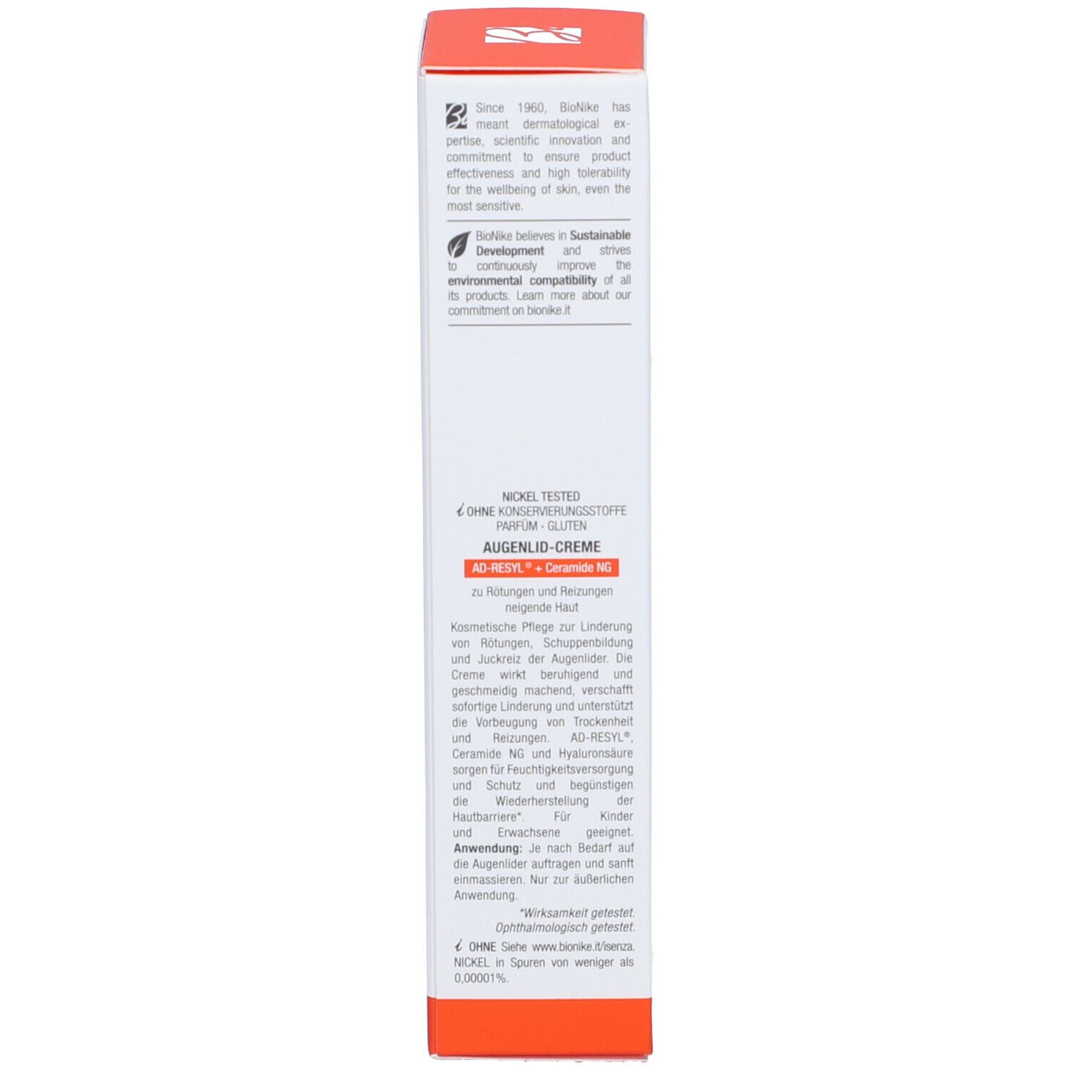 Lato della confezione del prodotto. Testo: Crema palpebrale. Marchio BioNike. Nickel Tested. Ingredienti e informazioni.