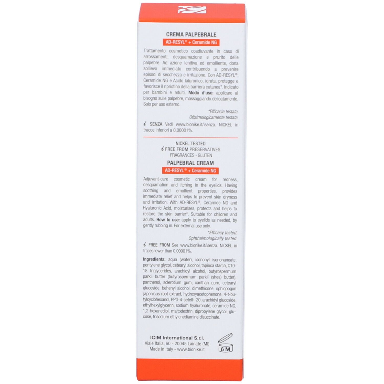 Lato della confezione del prodotto. Testo: CREMA PALPEBRALE. Ingredienti, istruzioni per l'uso e informazioni produttore.