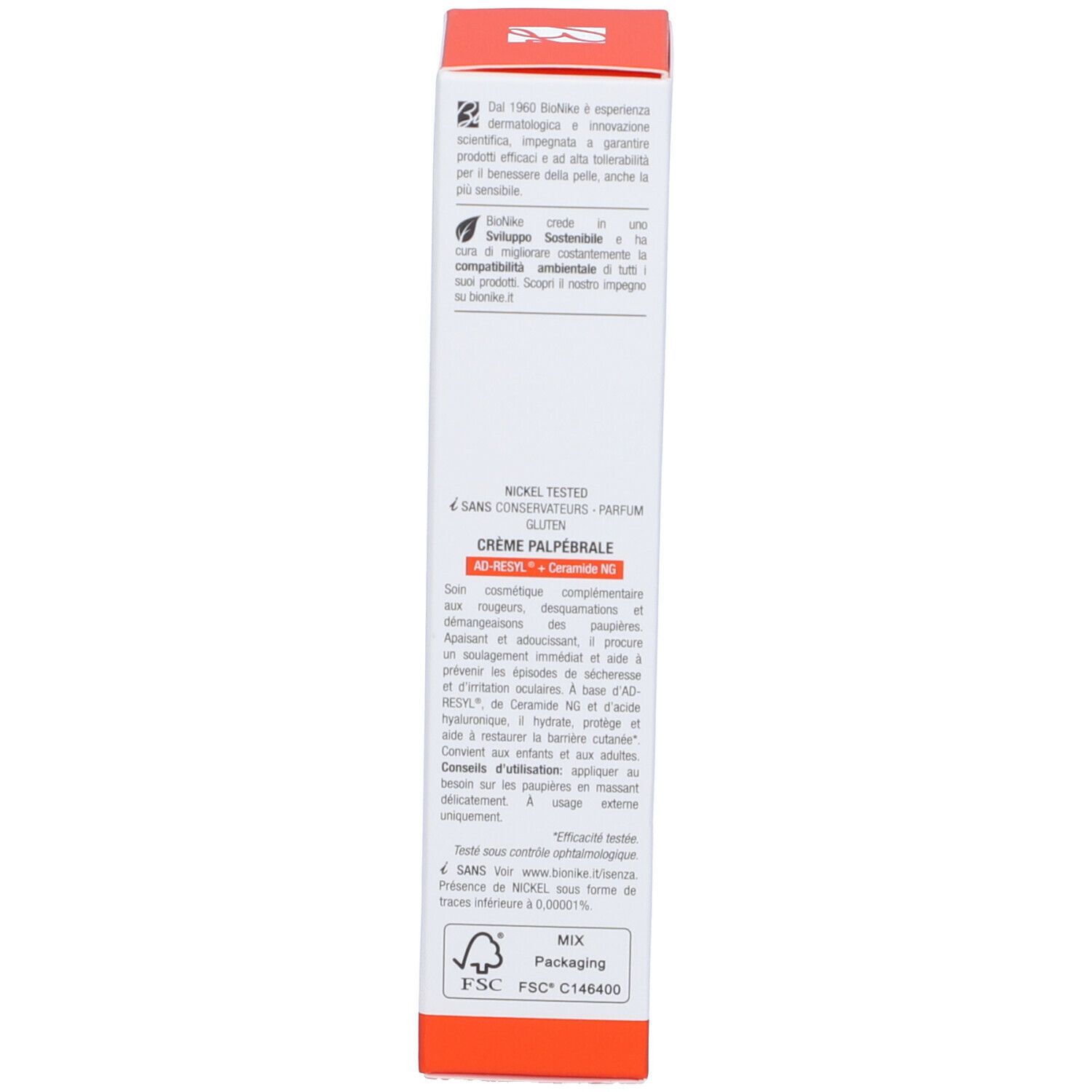 Lato della confezione del prodotto. Testo: CREMA PALPEBRALE. Marchio BioNike. Nickel Tested. Informazioni ambientali e certificazioni.