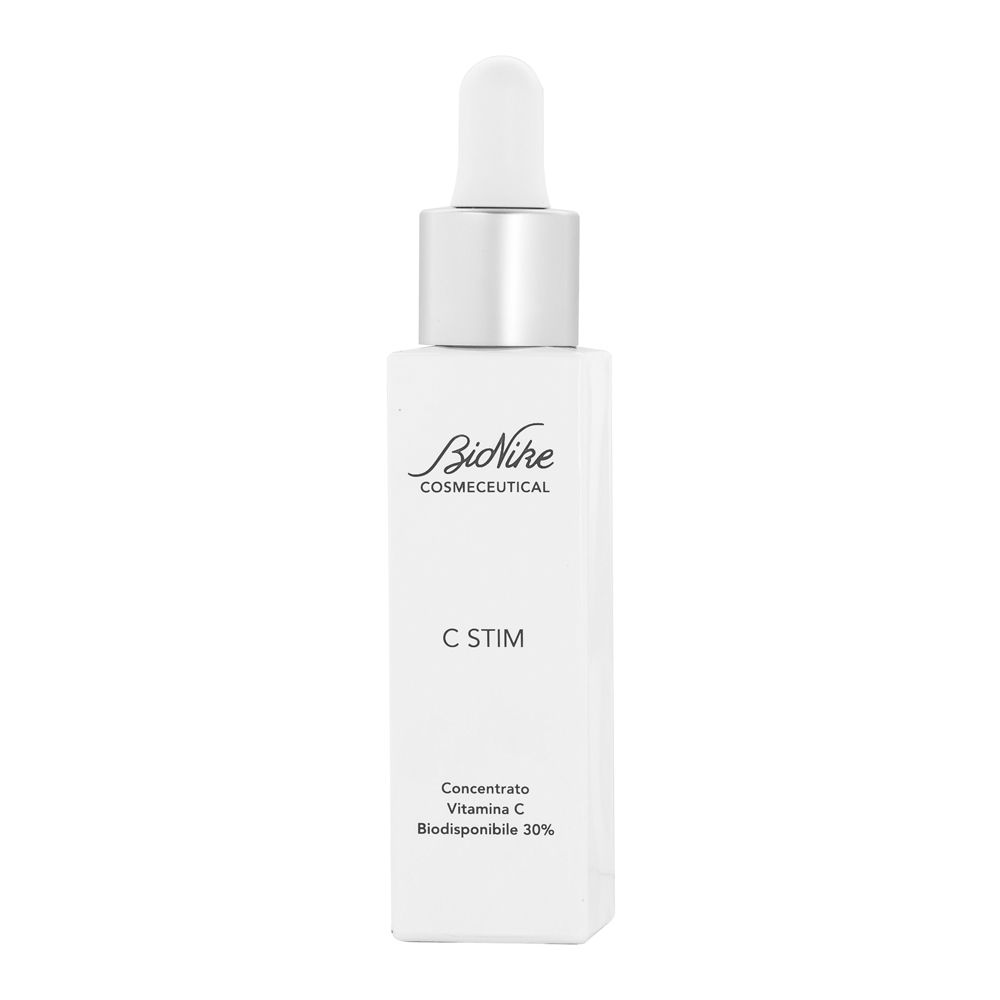 Flacone bianco con contagocce. Scritta: BioNike Cosmeceutical, C Stim, Concentrato Vitamina C Biodisponibile 30%.