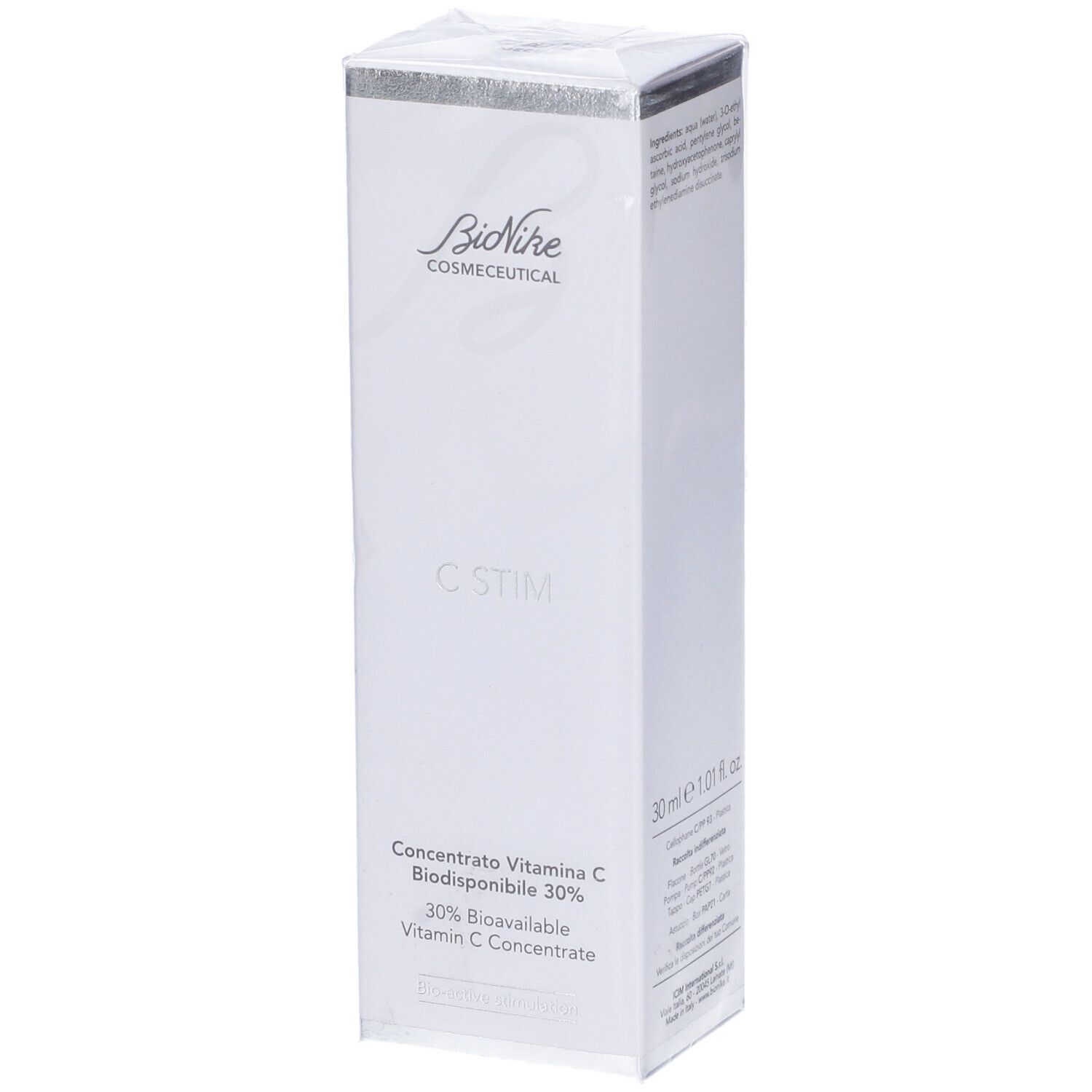 Confezione bianca. Scritta: BioNike Cosmeceutical, C Stim, Concentrato Vitamina C Biodisponibile 30%.