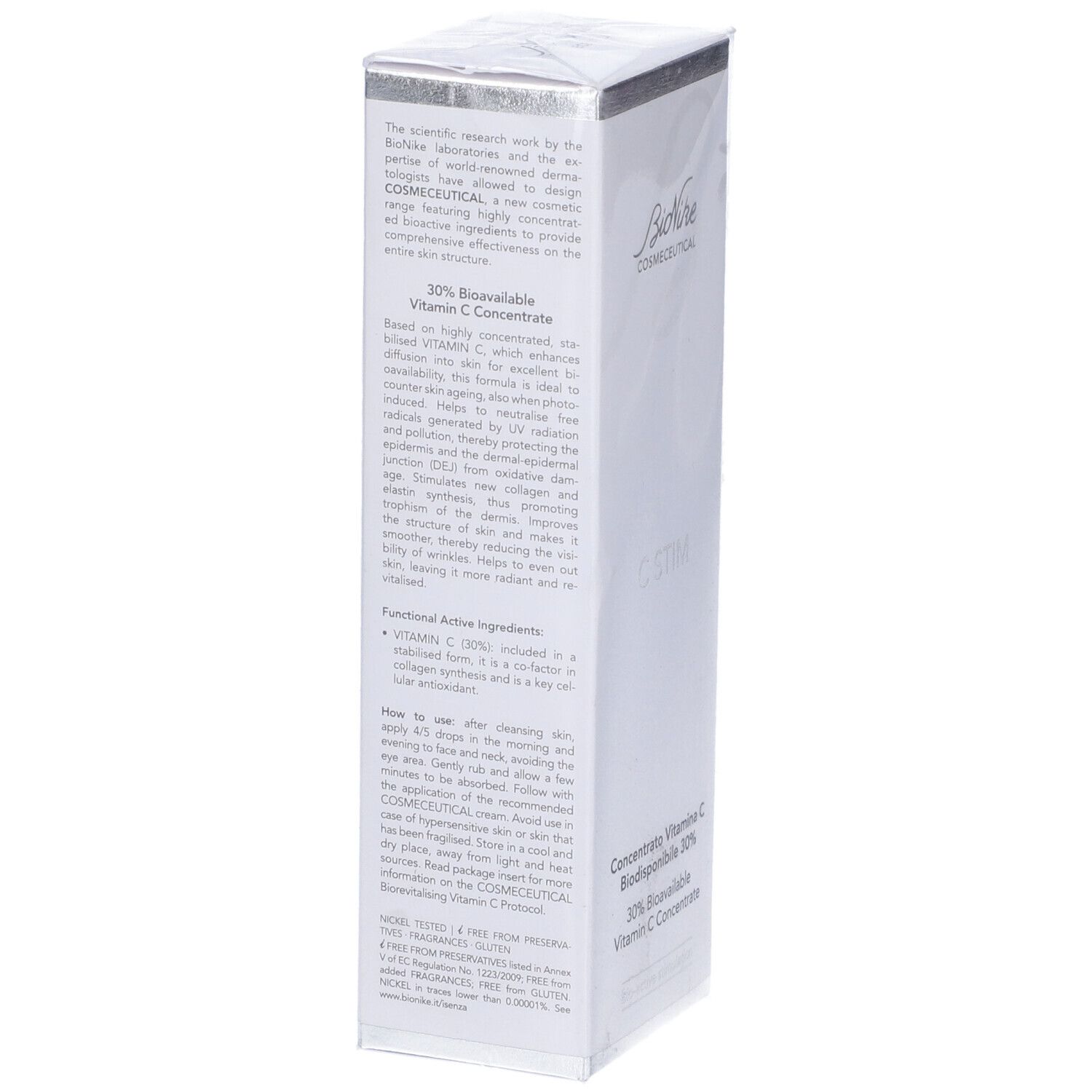 Confezione bianca. Testo: 30% Bioavailable Vitamin C Concentrate. Ingredienti, istruzioni per l'uso.