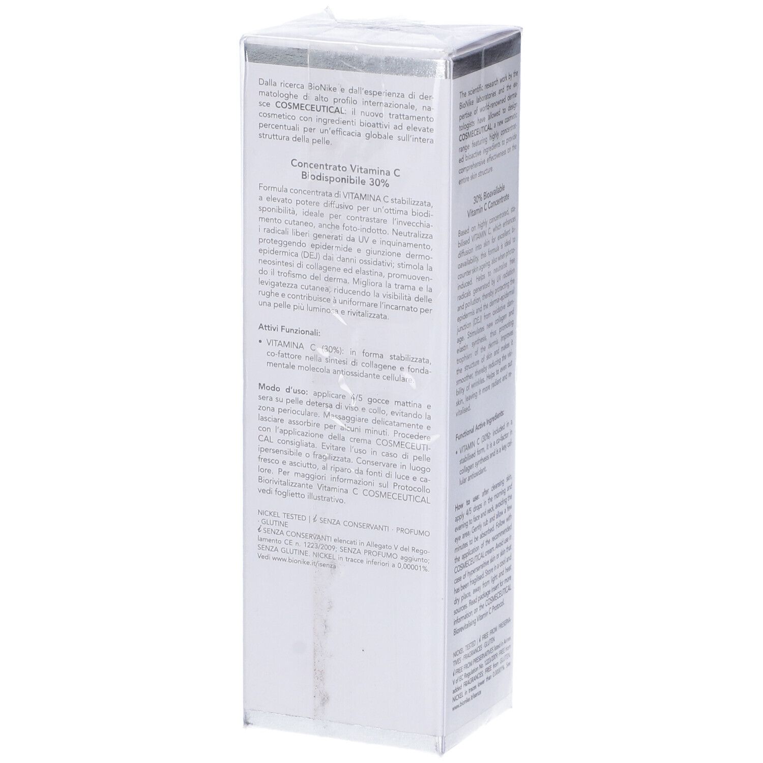 Confezione bianca. Testo: 30% Bioavailable Vitamin C Concentrate. Istruzioni per l'uso, ingredienti.