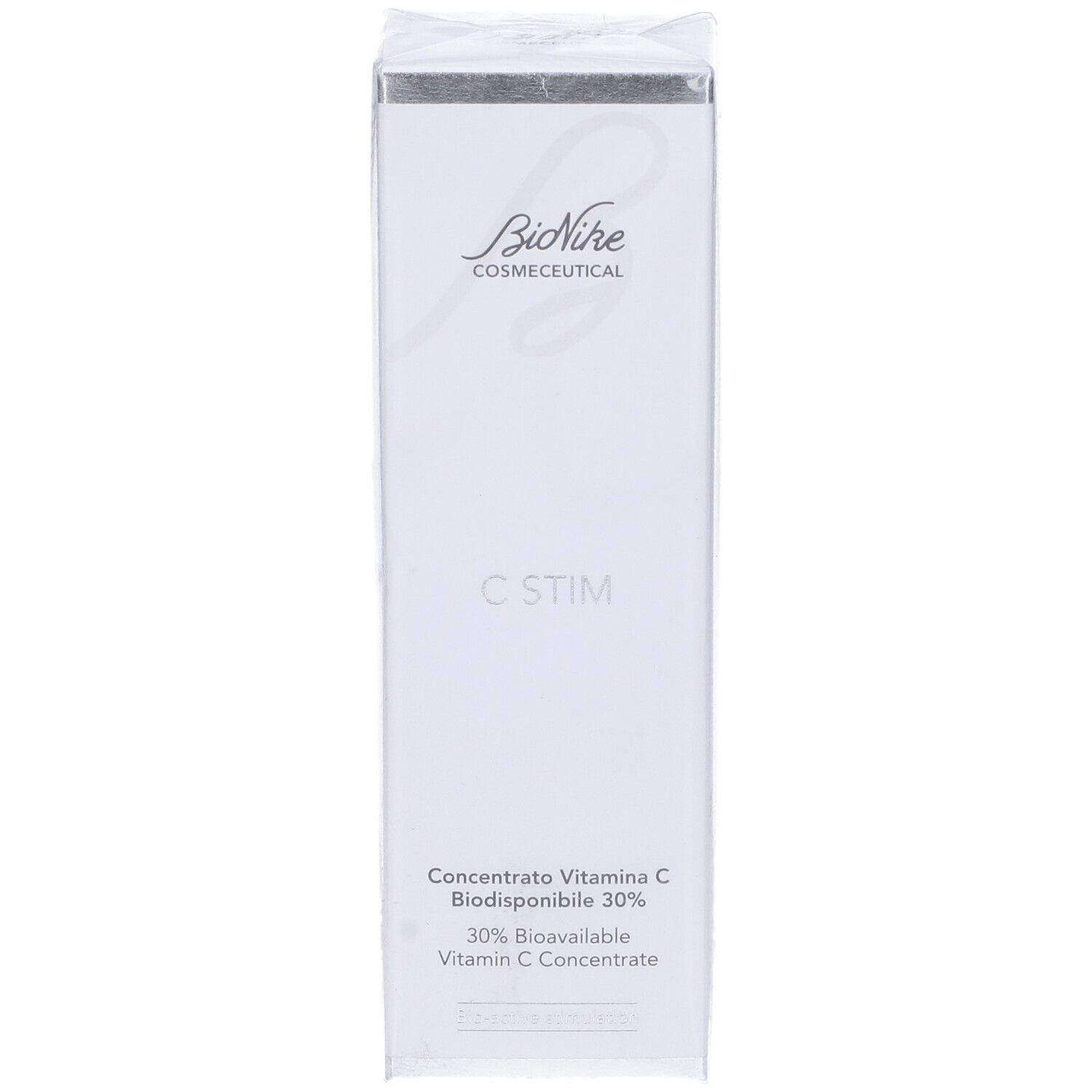 Confezione bianca. Scritta: BioNike Cosmeceutical, C Stim, Concentrato Vitamina C Biodisponibile 30%.