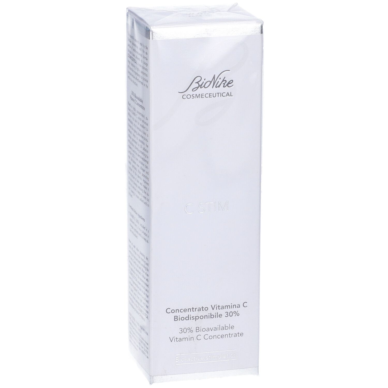 Confezione bianca. Scritta: BioNike Cosmeceutical, C Stim, Concentrato Vitamina C Biodisponibile 30%.
