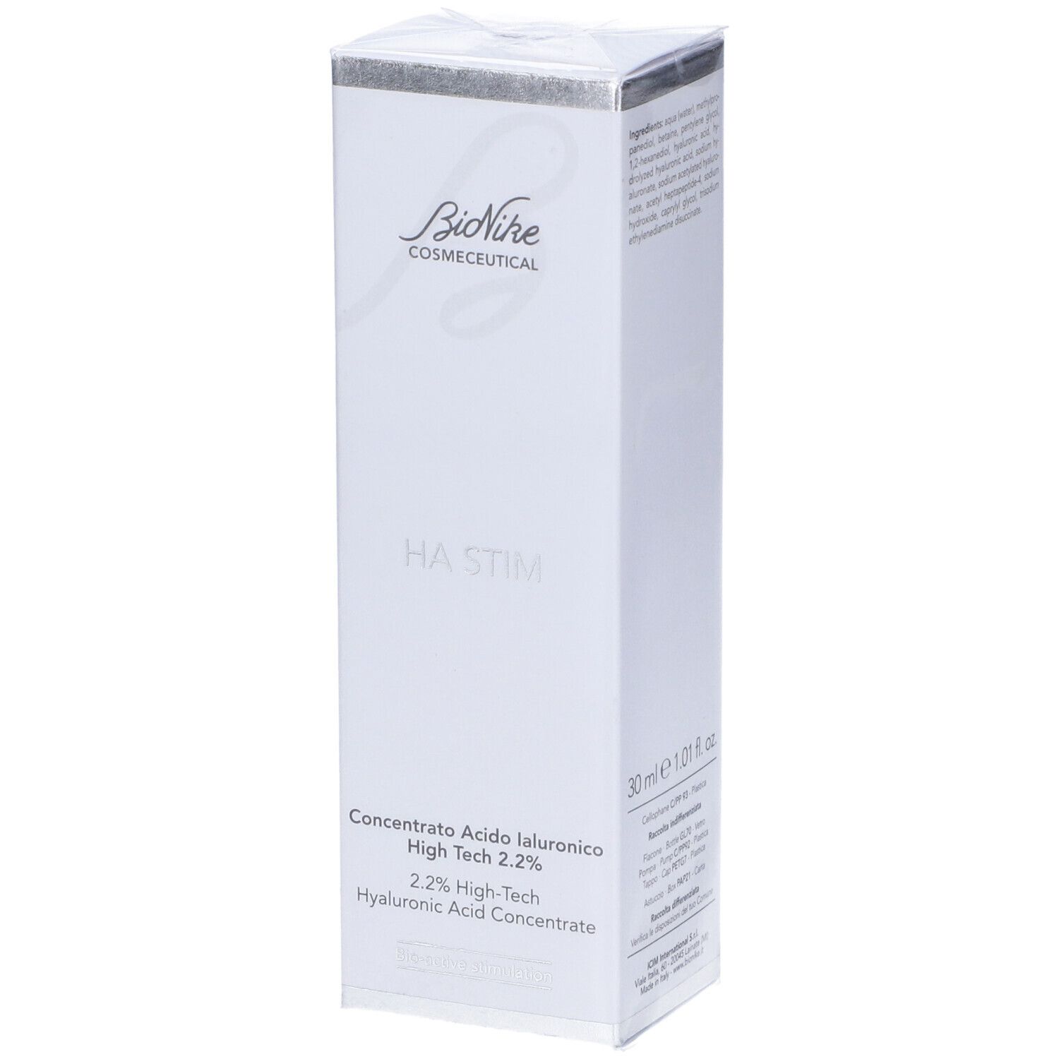 Confezione bianca con informazioni sul prodotto. Scritte: Bionike Cosmeceutical, HA STIM, Concentrato Acido Ialuronico High Tech 2.2%.