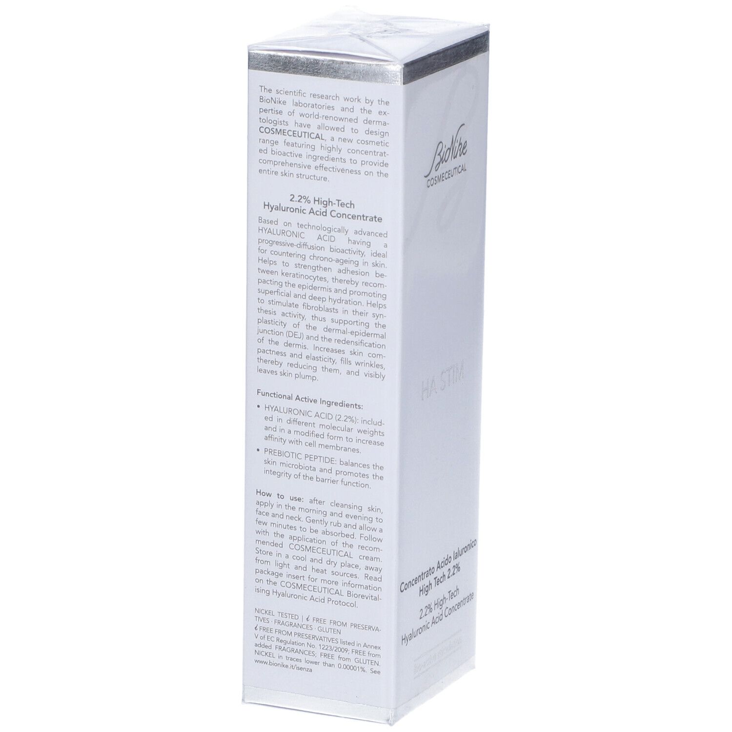Confezione con testo. Scritte: Bionike Cosmeceutical, HA STIM, Concentrato Acido Ialuronico High Tech 2.2%. Testo su ingredienti e uso.