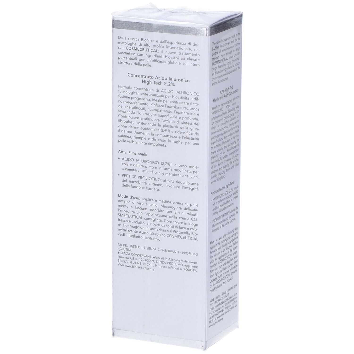 Confezione con testo. Scritte: Bionike Cosmeceutical, HA STIM, Concentrato Acido Ialuronico High Tech 2.2%. Testo su ingredienti e uso.