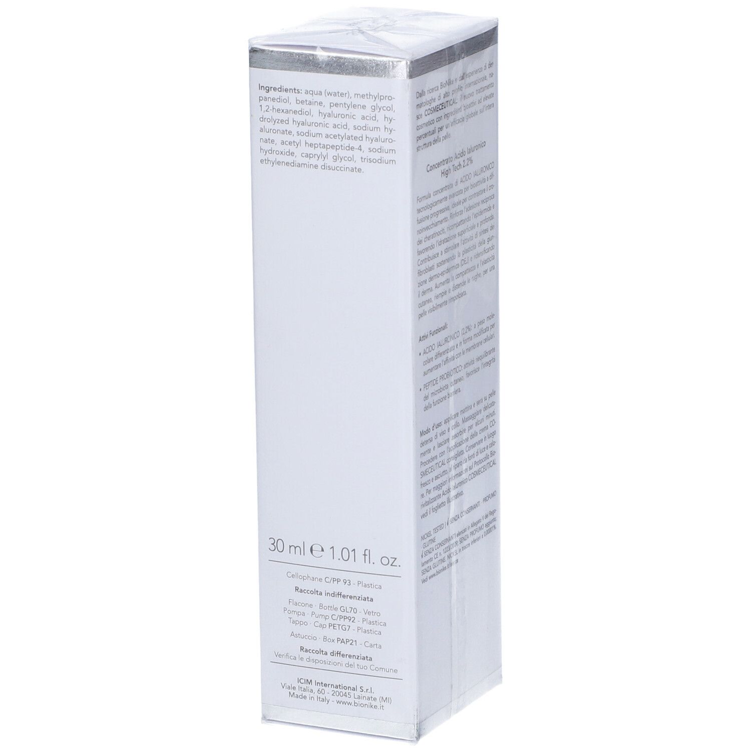 Confezione con testo. Scritte: Bionike Cosmeceutical, HA STIM, Concentrato Acido Ialuronico High Tech 2.2%. Testo su ingredienti e uso.