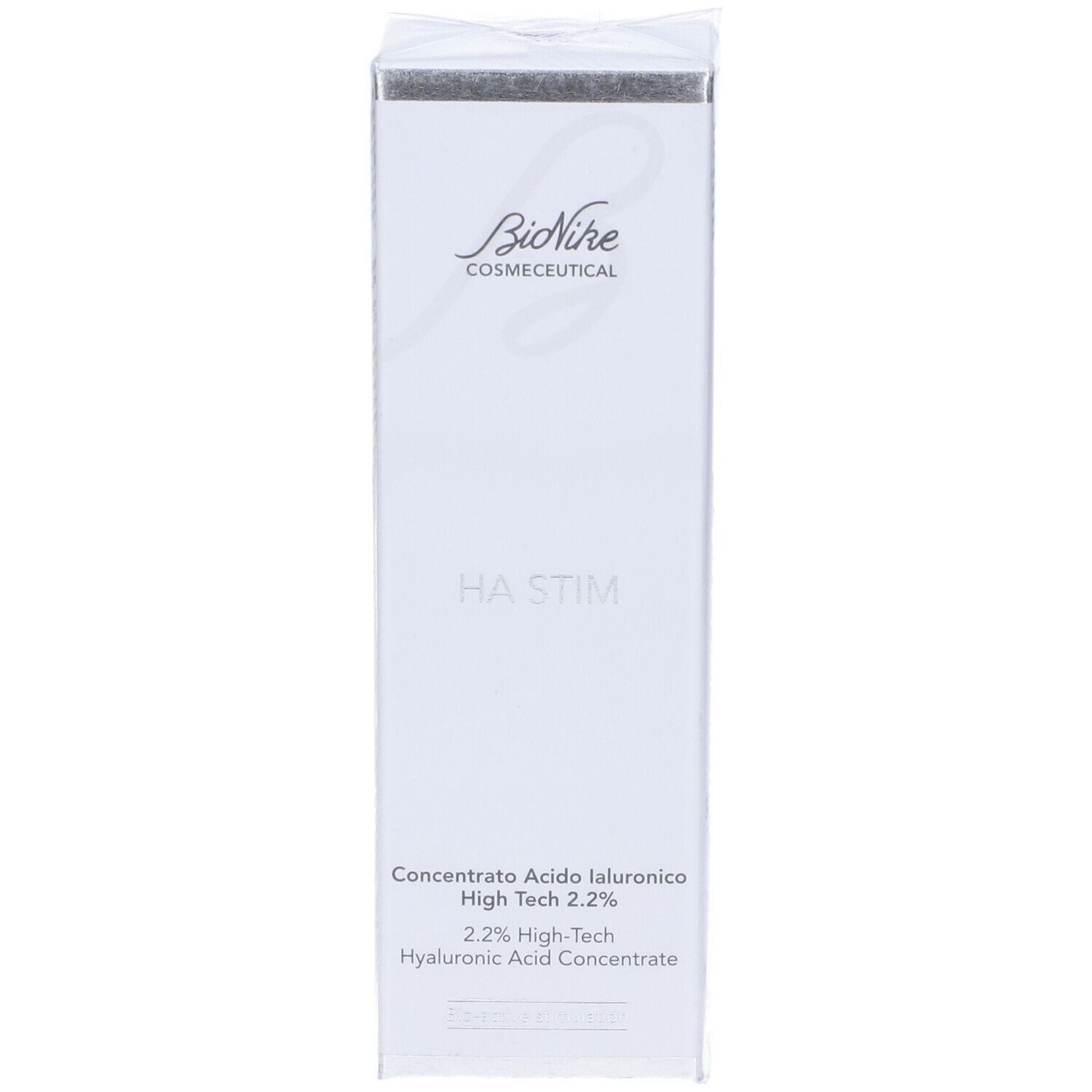 Confezione bianca con informazioni sul prodotto. Scritte: Bionike Cosmeceutical, HA STIM, Concentrato Acido Ialuronico High Tech 2.2%.