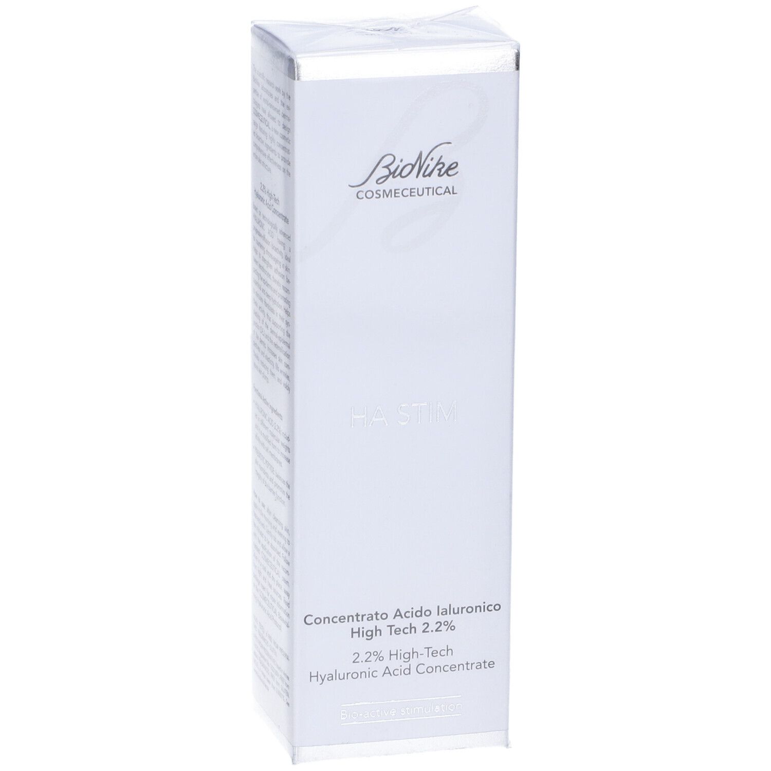 Confezione bianca con informazioni sul prodotto. Scritte: Bionike Cosmeceutical, HA STIM, Concentrato Acido Ialuronico High Tech 2.2%.