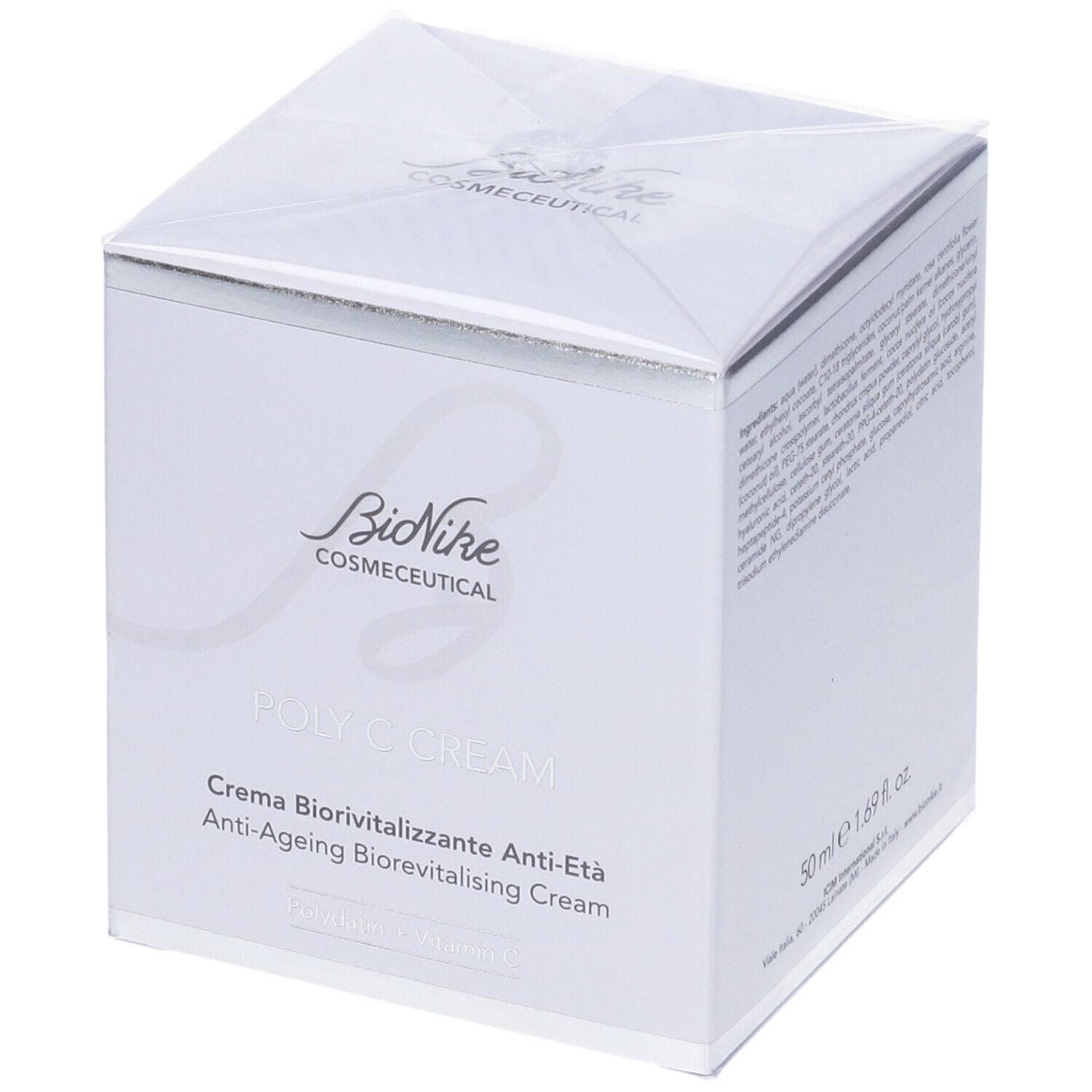 Weiße quadratische Verpackung mit Produktnamen und Logo. Text: BioNike, Poly C Cream, Anti-Ageing Biorivitalising Cream.