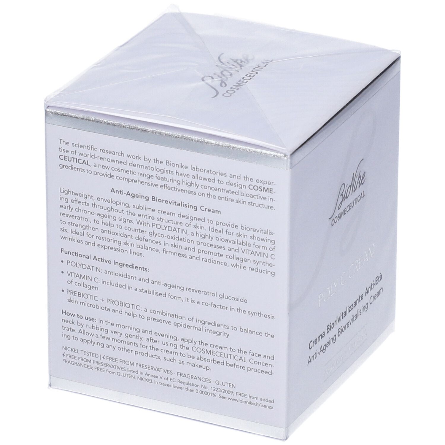 Verpackung mit Text. Text: Anti-Ageing Biorivitalising Cream, Wirkstoffe, Anwendungshinweise. Marke: BioNike.