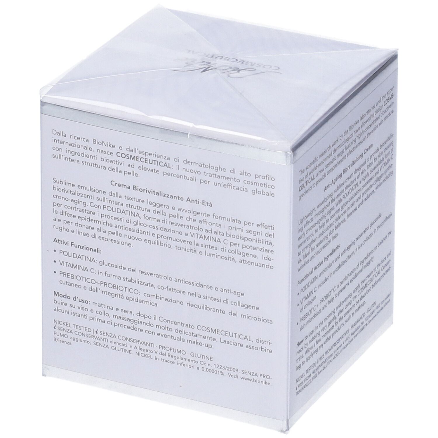 Verpackung mit Text. Text: Creme Biorivitalizzante Anti-Età, Inhaltsstoffe, Anwendungshinweise. Marke: BioNike.