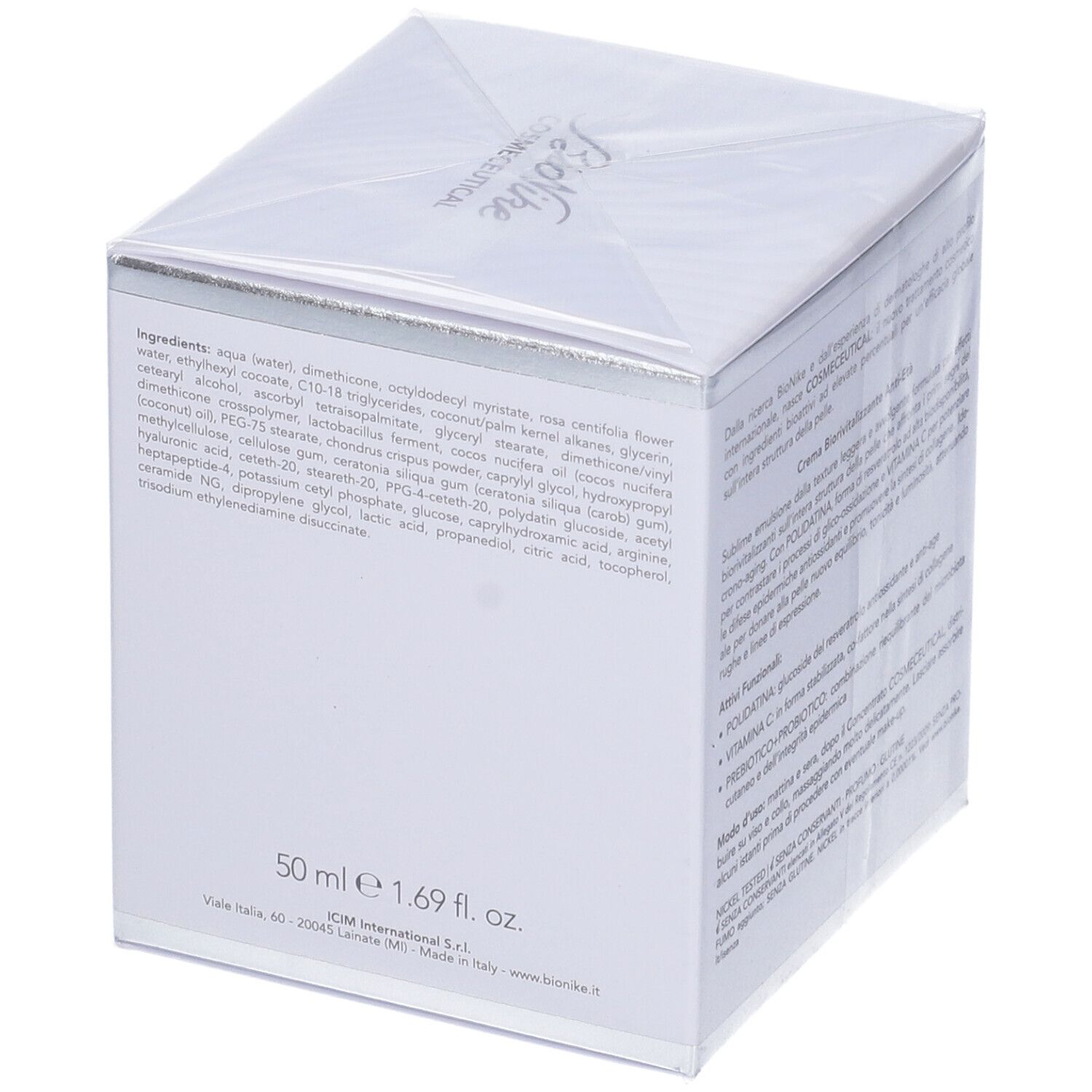 Verpackung mit Text. Text: Inhaltsstoffe, 50 ml, 1.69 fl. oz. Marke: BioNike.
