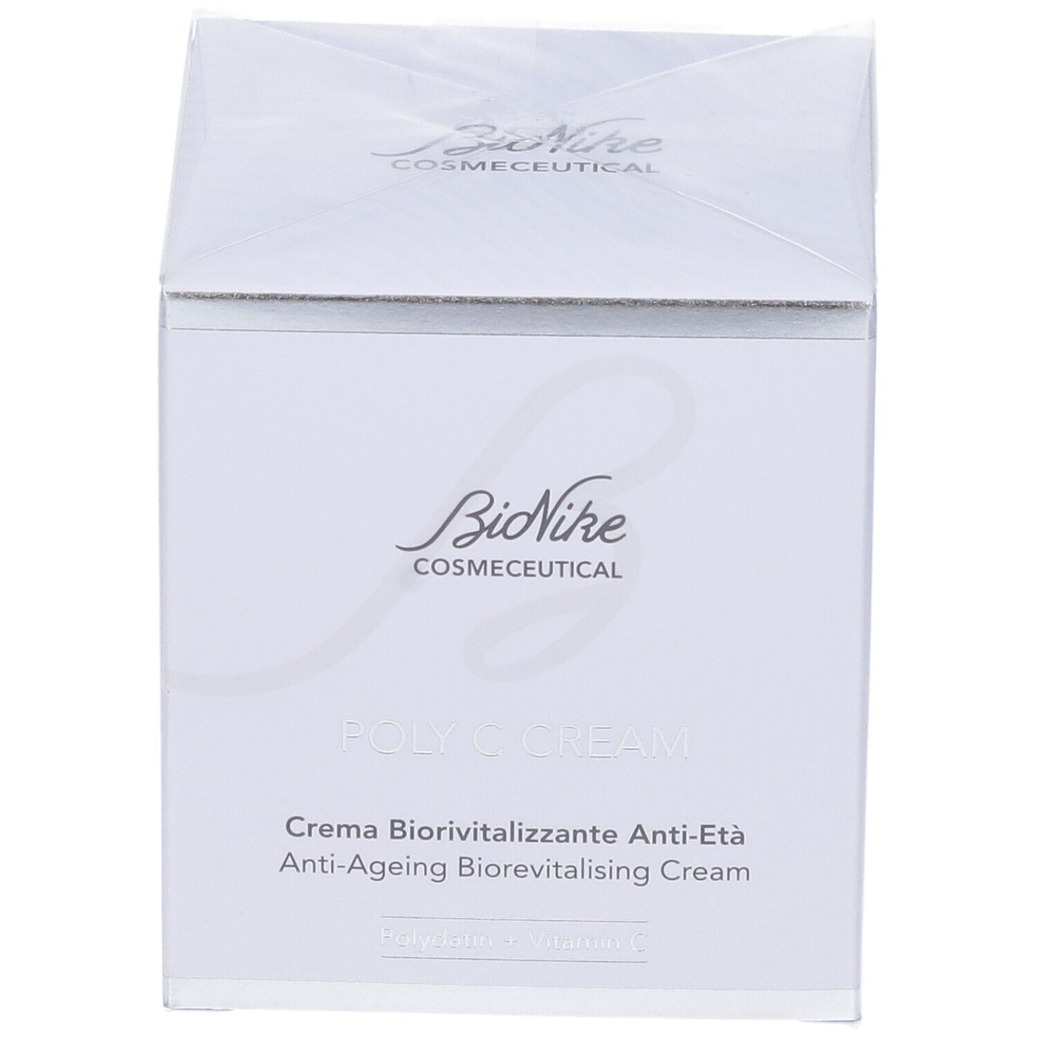 Weiße Verpackung mit Logo und Produktnamen. Text: BioNike, Poly C Cream, Anti-Ageing Biorivitalising Cream.