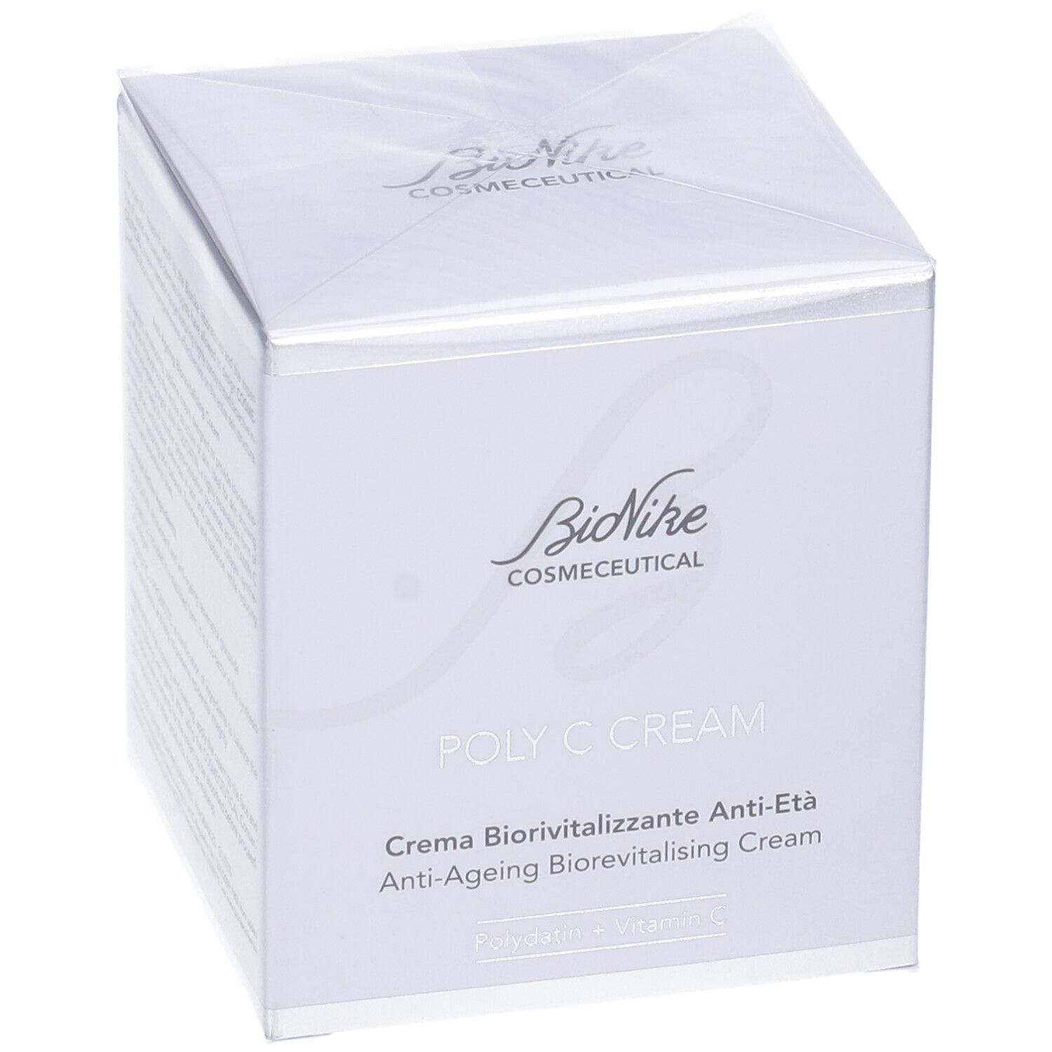 Weiße Verpackung mit Produktnamen und Logo. Text: BioNike, Poly C Cream, Anti-Ageing Biorivitalising Cream.