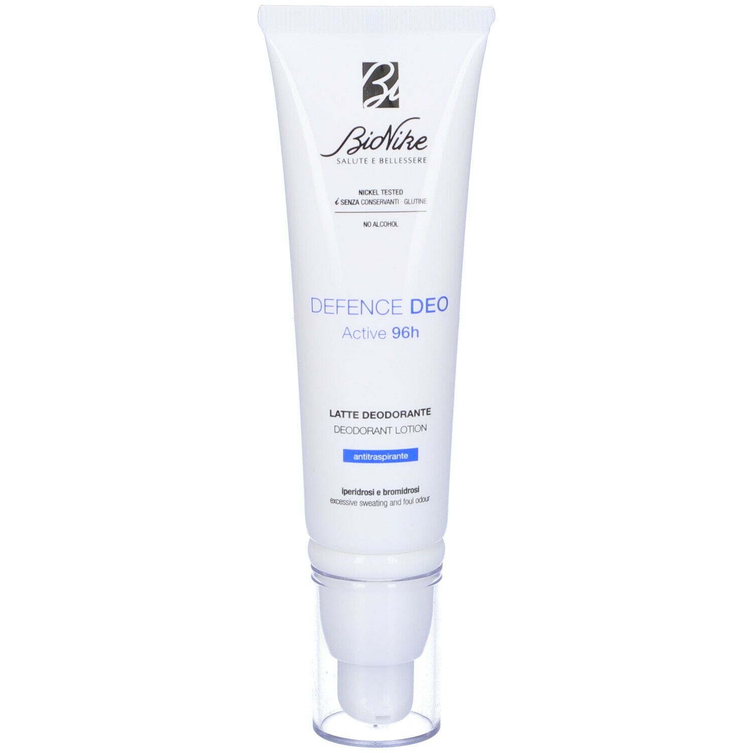 Tubo bianco con logo "BioNike" e "Defence Deo Active 96h". Lozione deodorante. Con dispenser.