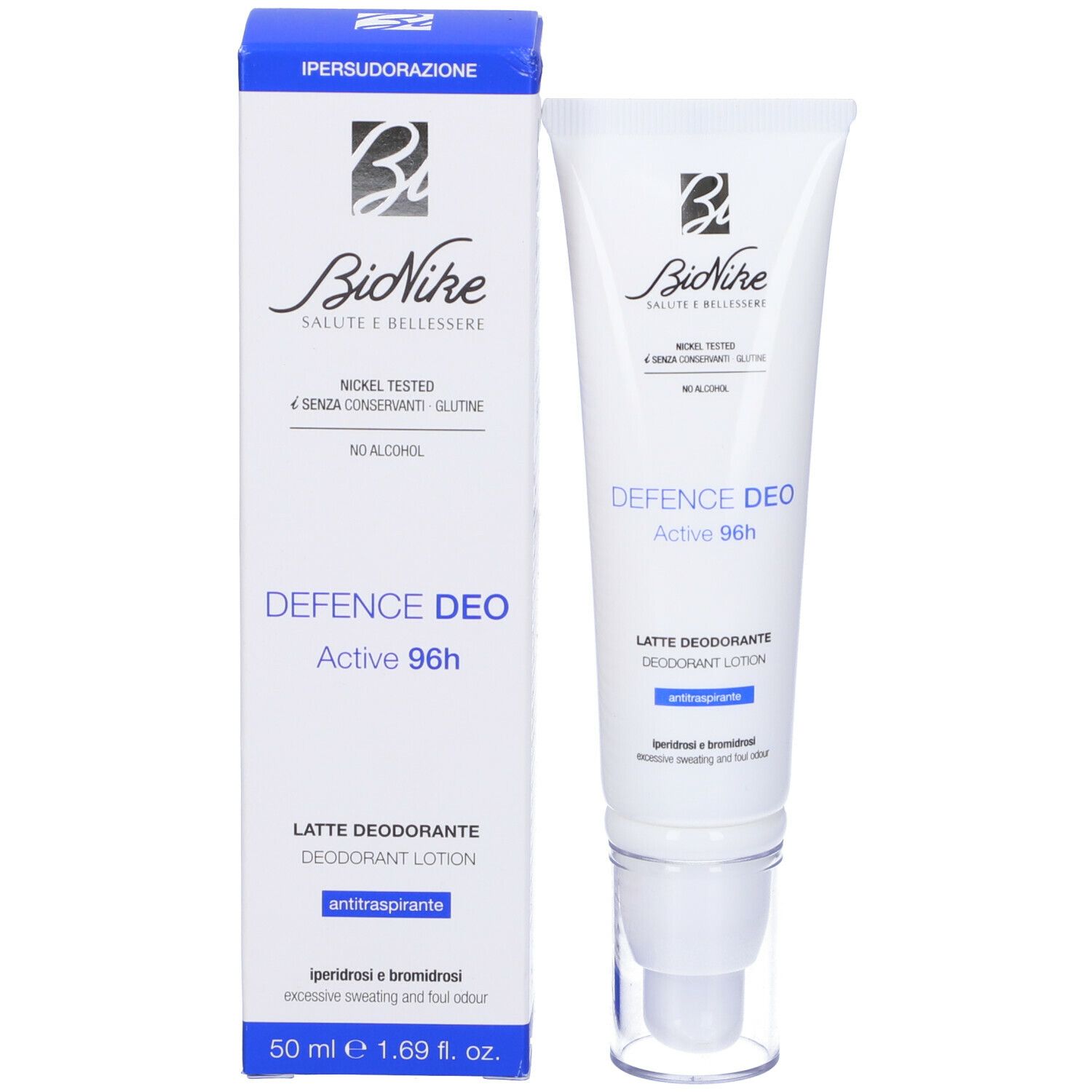 Confezione del prodotto con tubo e scatola. Logo "BioNike" e "Defence Deo Active 96h". Lozione deodorante.