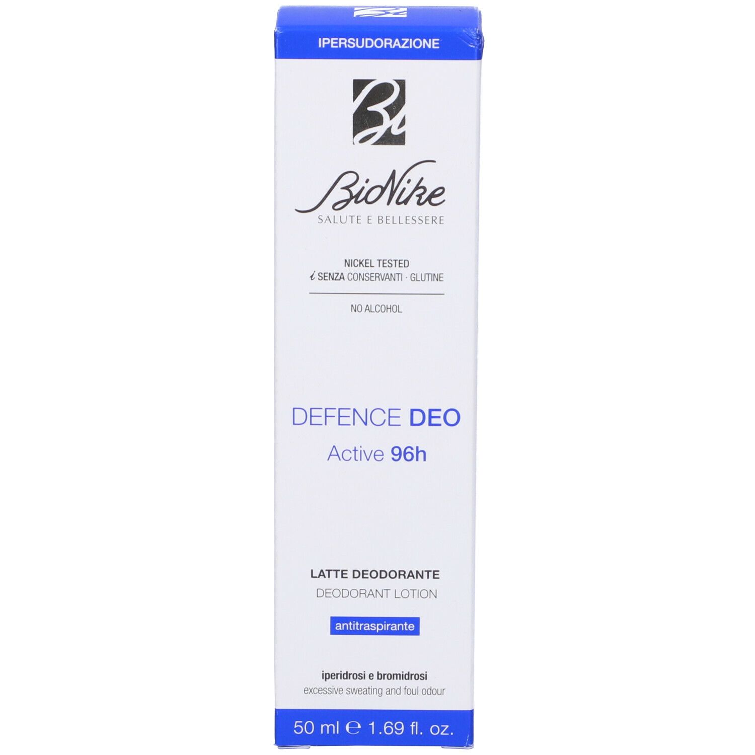 Scatola blu con logo "BioNike" e "Defence Deo Active 96h". Lozione deodorante. Testo.